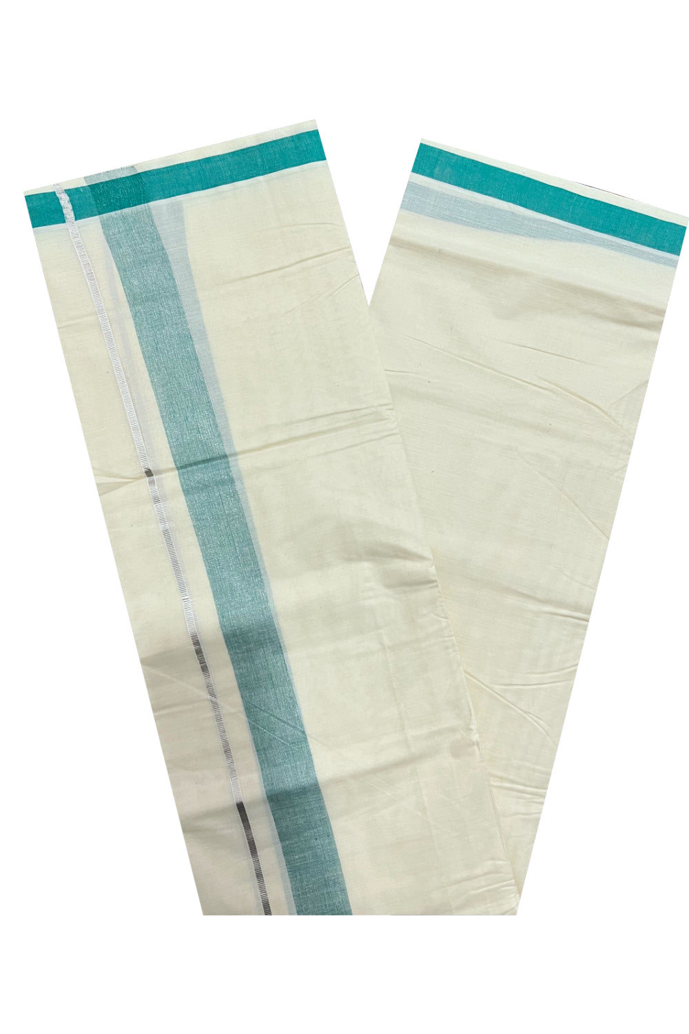 Pure Cotton Off White Double Mundu with Green and Silver Kasavu Border (South Indian Dhoti)