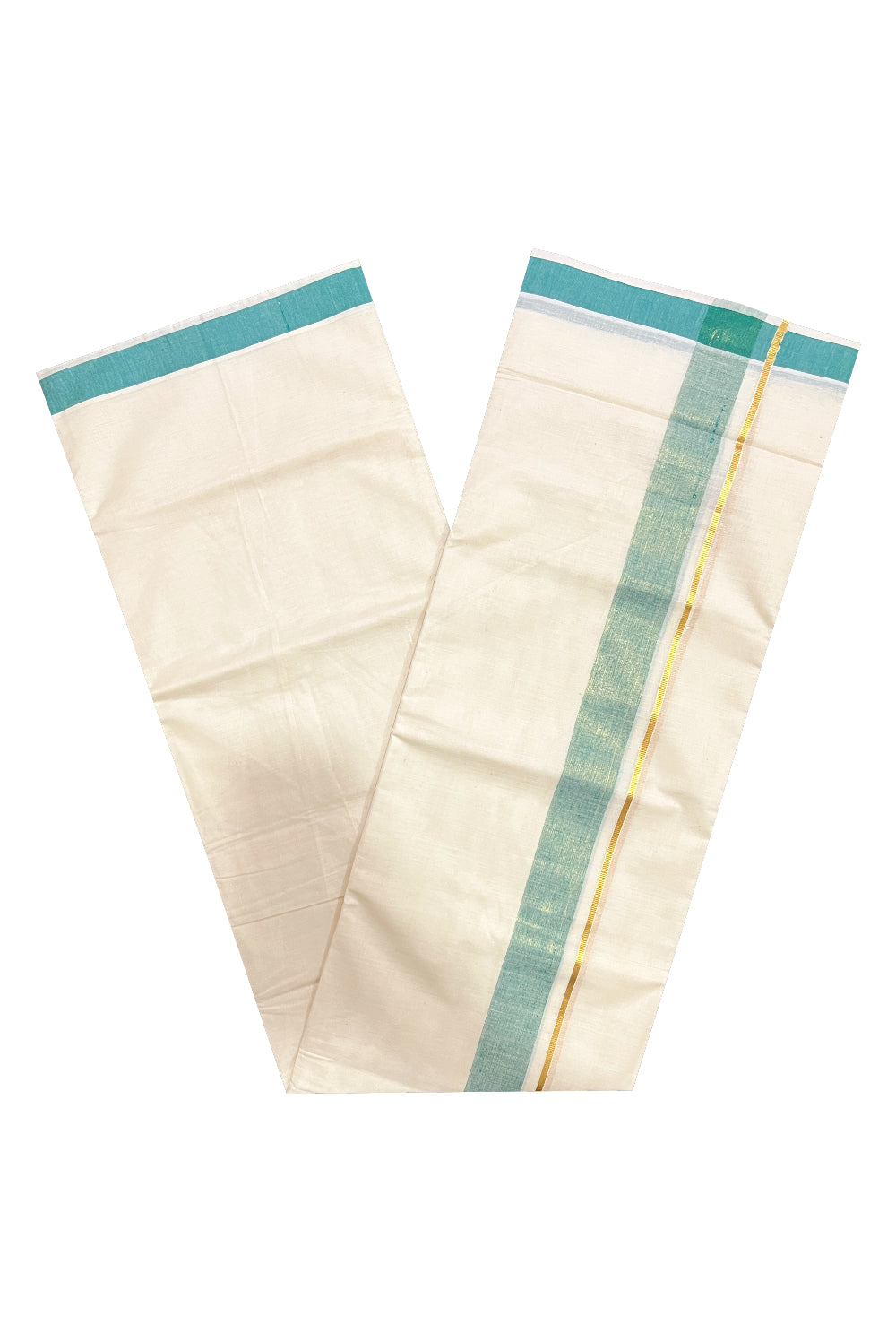 Pure Cotton Double Mundu with Kasavu Green Kara (South Indian Kerala Dhoti)