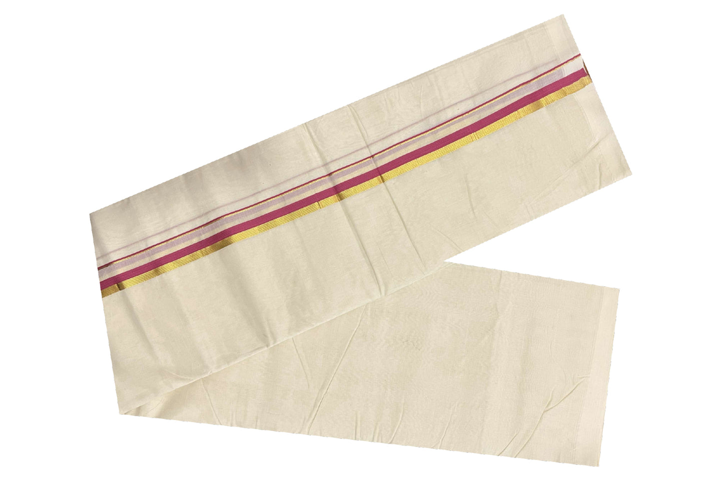 Off White Pure Cotton Double Mundu with Kasavu and Dark Pink Kara (South Indian Dhoti)