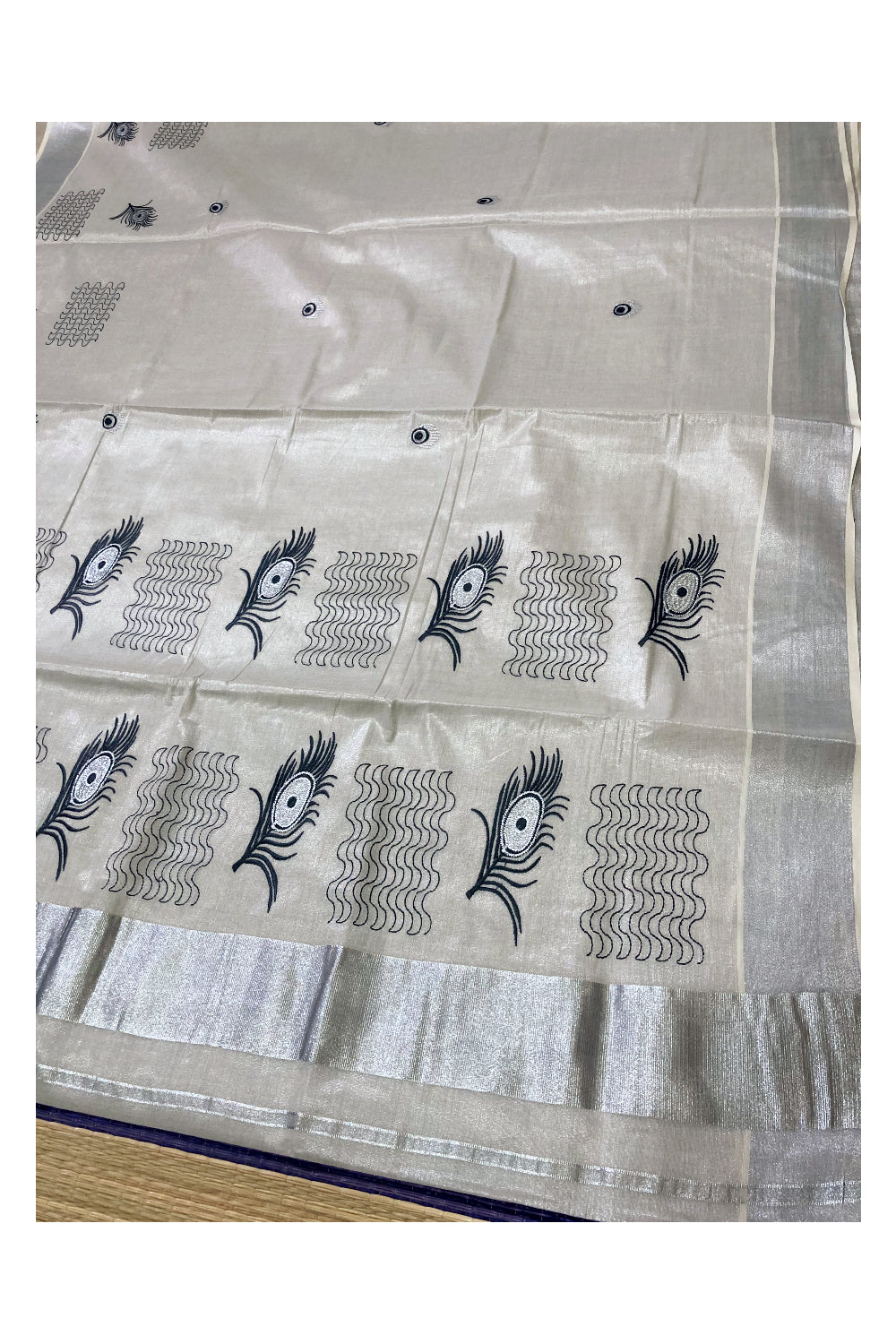 Kerala Silver Tissue Kasavu Saree with Black Embroidery Works