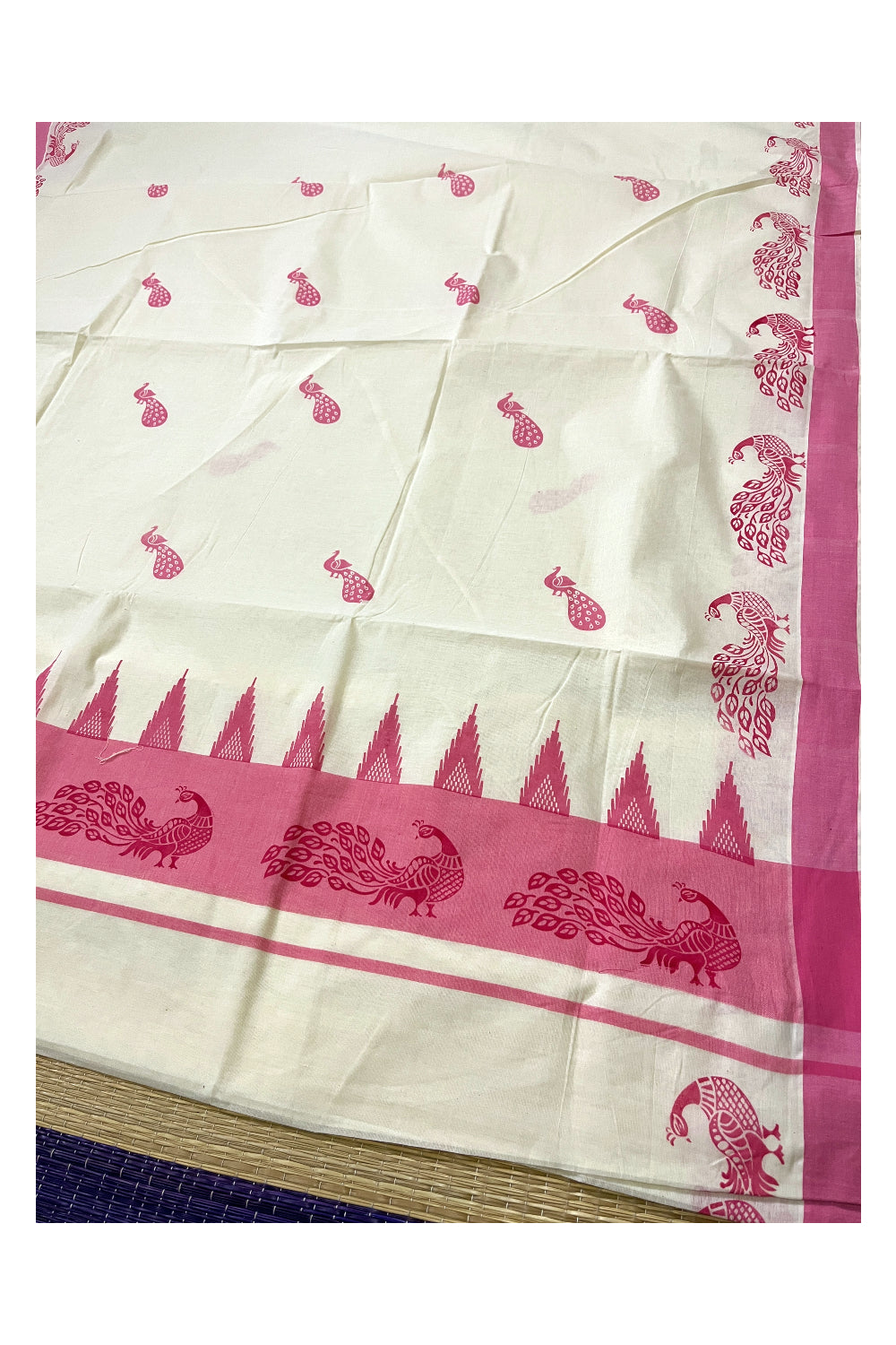 Pure Cotton Kerala Saree with Pink Peacock Temple Block Printed Border (Vishu Saree 2023)