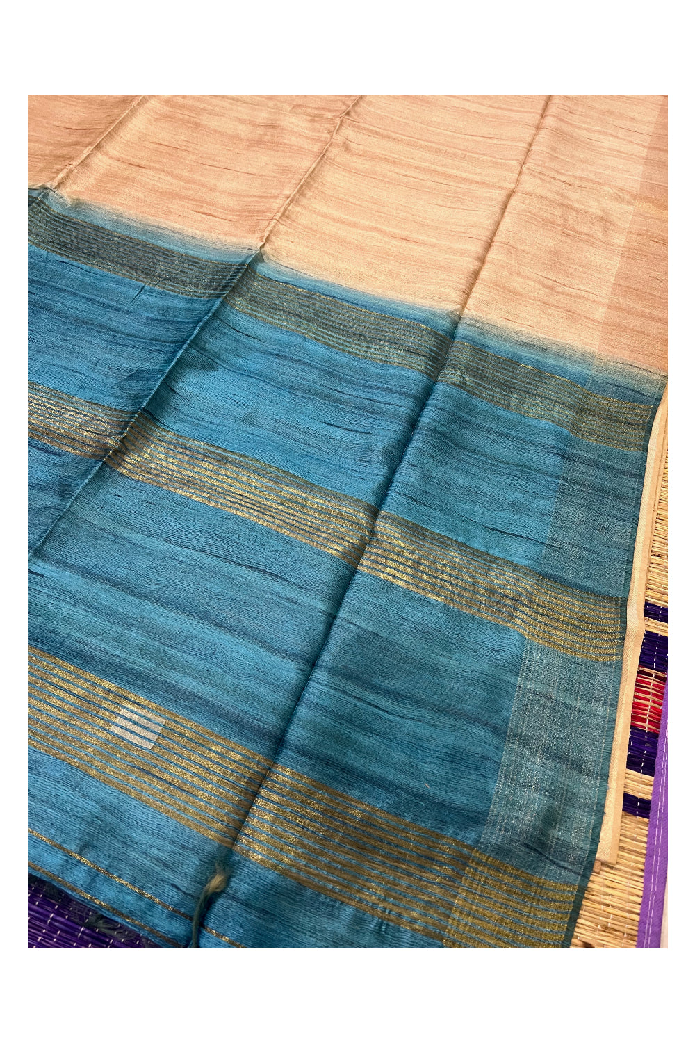 Southloom Beige Semi Tussar Designer Saree with Blue Pallu