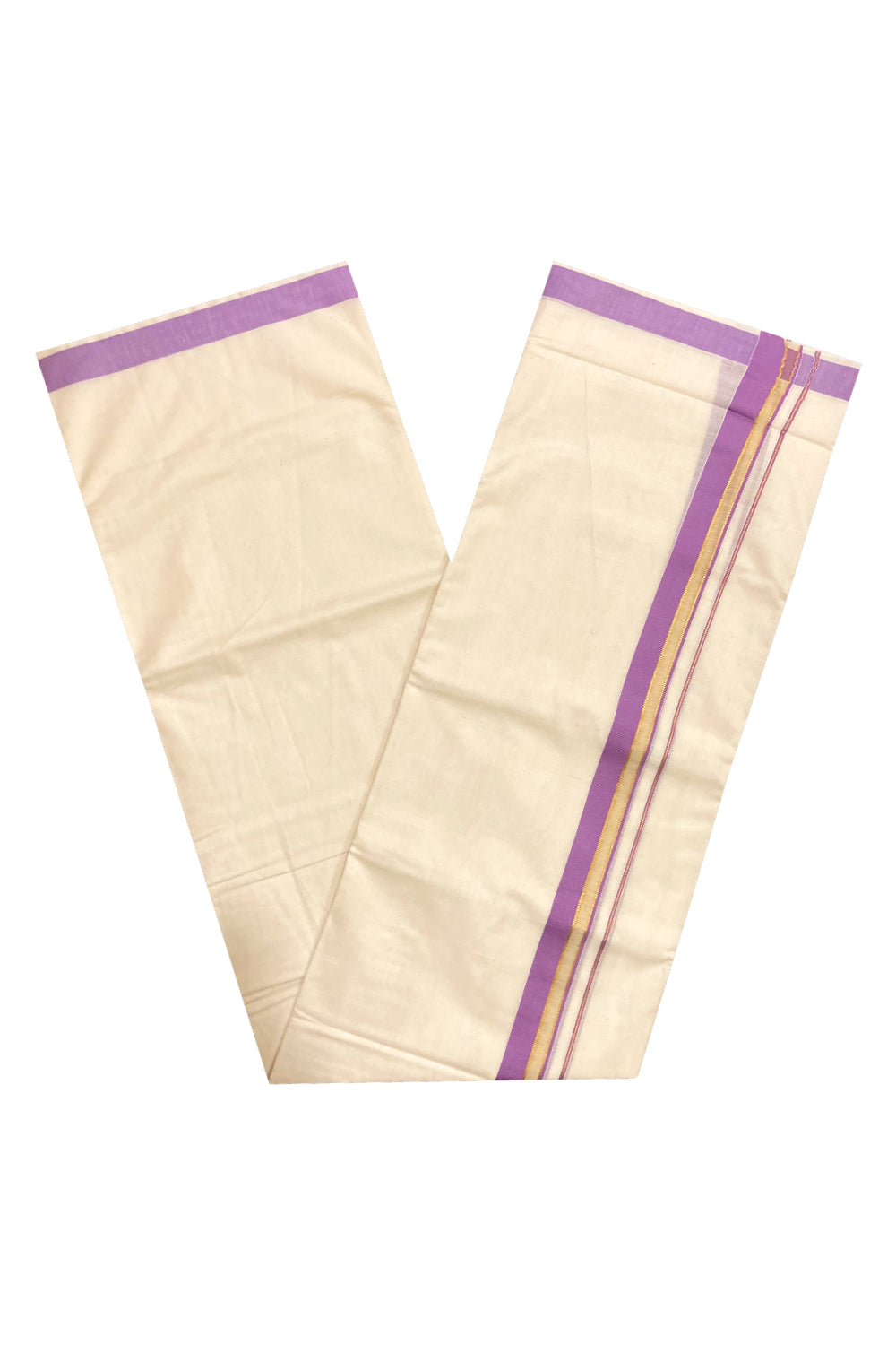 Pure Cotton Double Mundu with Violet and Kasavu Border (South Indian Dhoti)