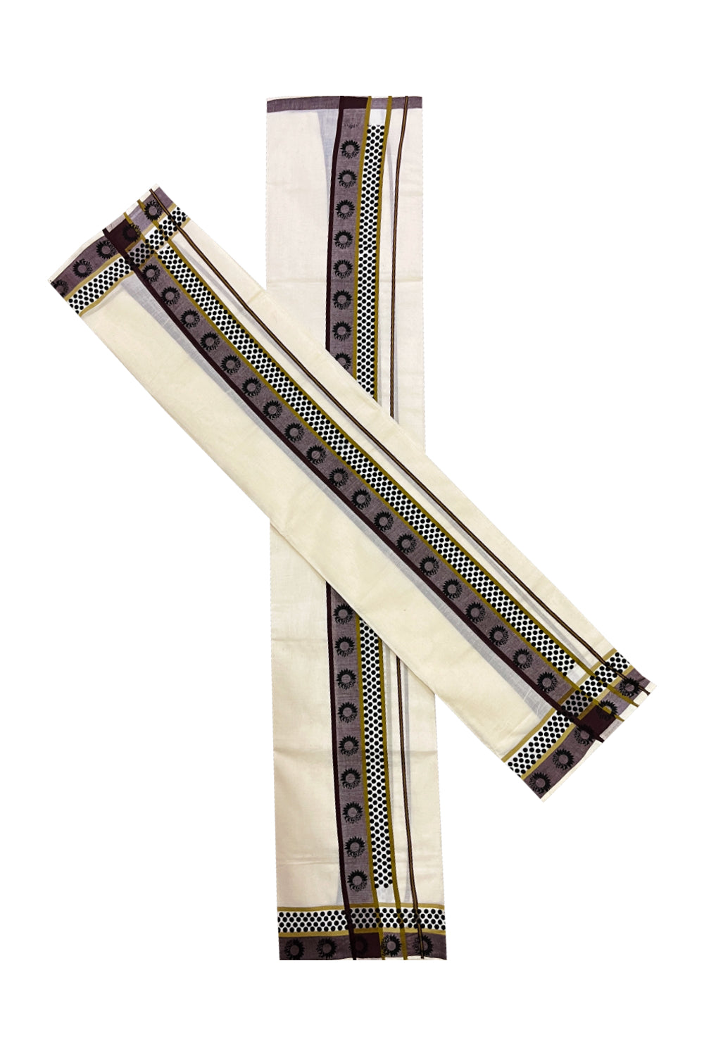 Kerala Cotton Single Set Mundu (Mundum Neriyathum) with Brown Black Block Prints on Border