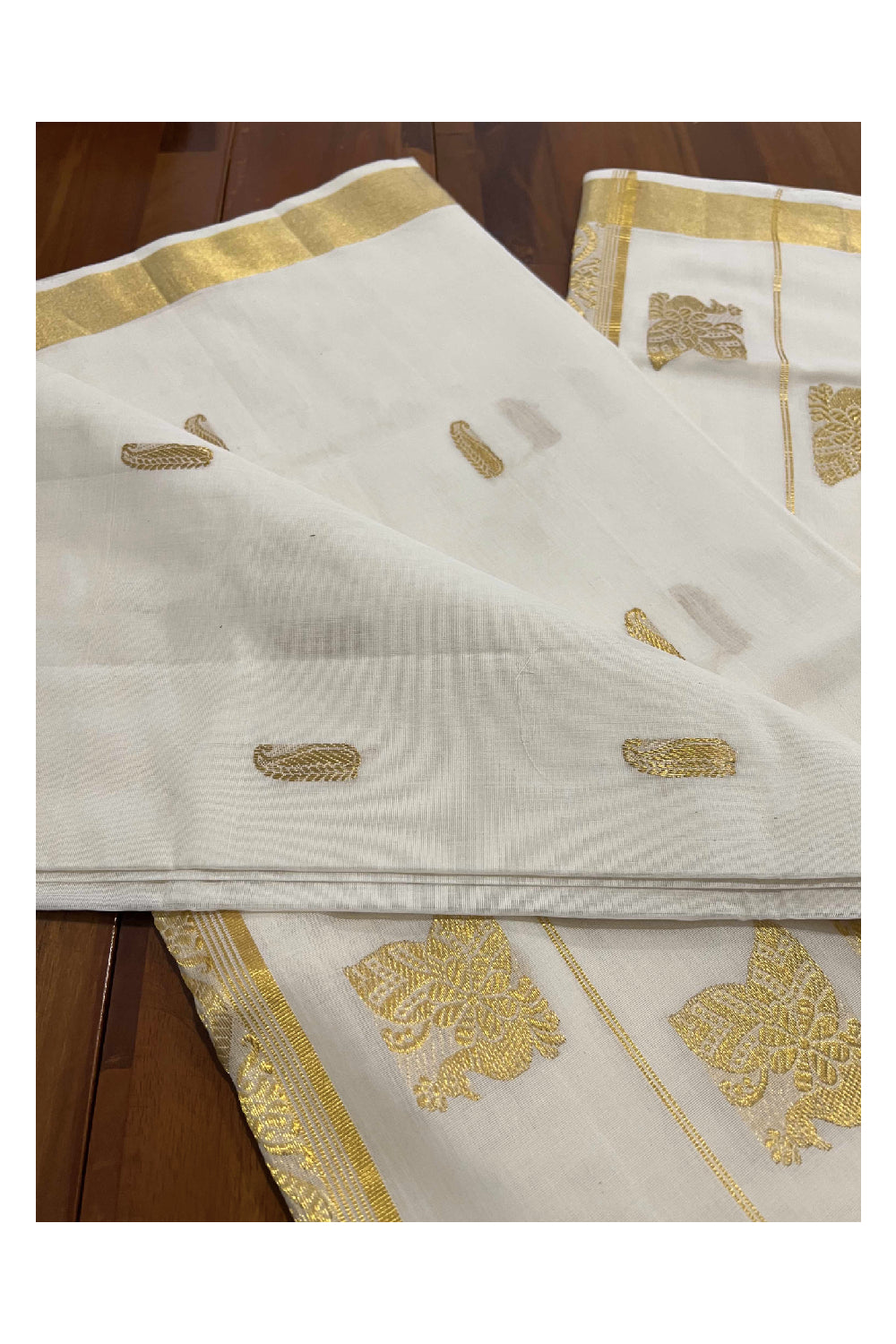 Southloom™ Original Handloom Cotton Kasavu Heavy Work Saree with Peacock Woven Design