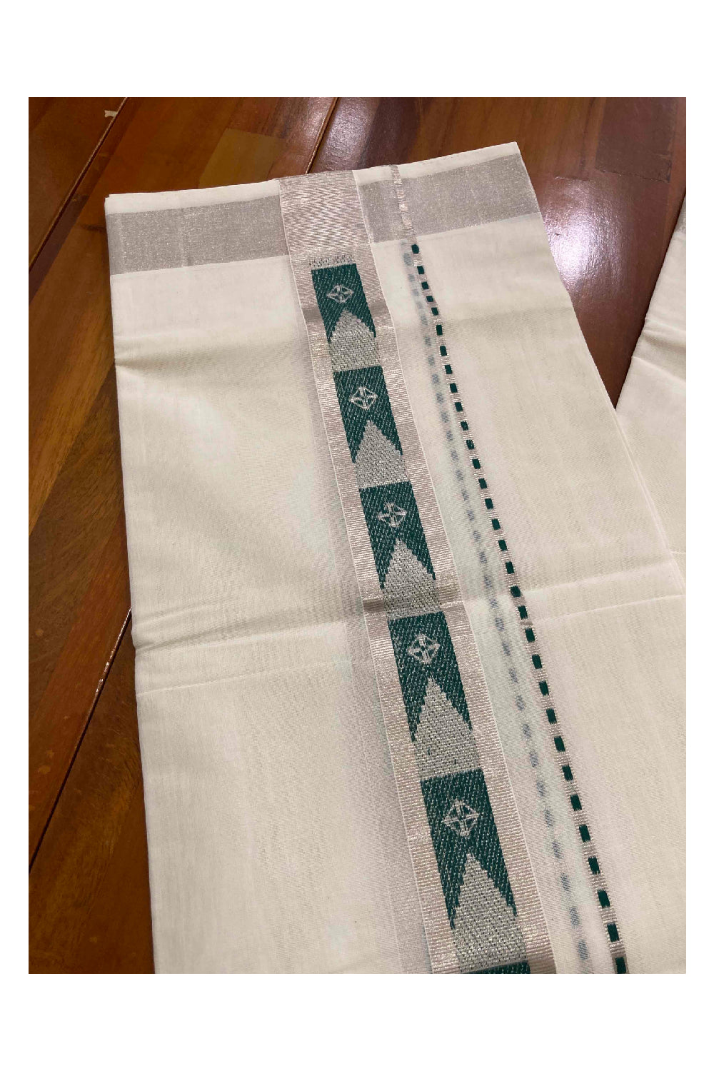 Southloom Handloom Premium Silver Kasavu Dhoti with Dark Green Woven Design Border