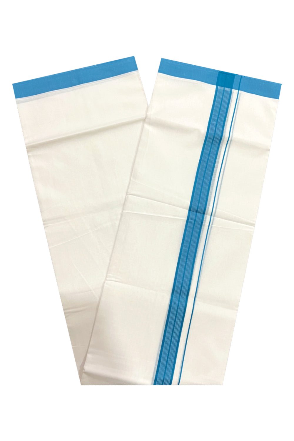 Pure White Cotton Double Mundu with Light Blue Border (South Indian Dhoti)