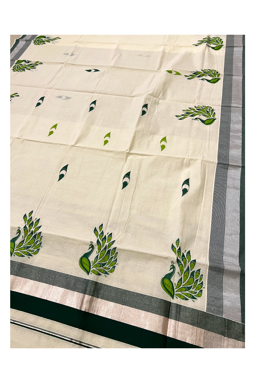 Kerala Pure Cotton Dark Green and Silver Kasavu Border Saree with Peacock Mural Printed Design