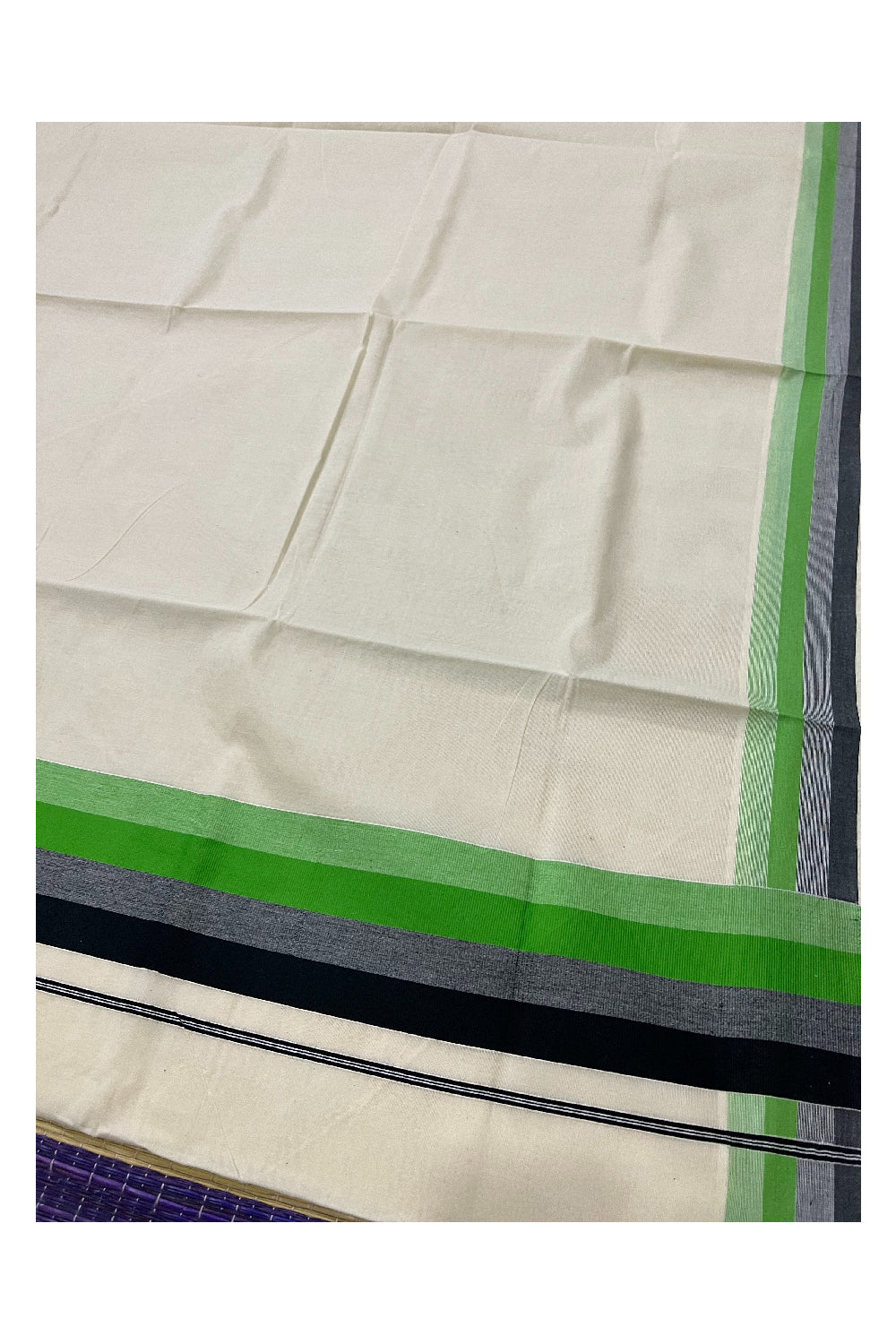 Kerala Cotton Saree with Light Green and Black Lines Border Design