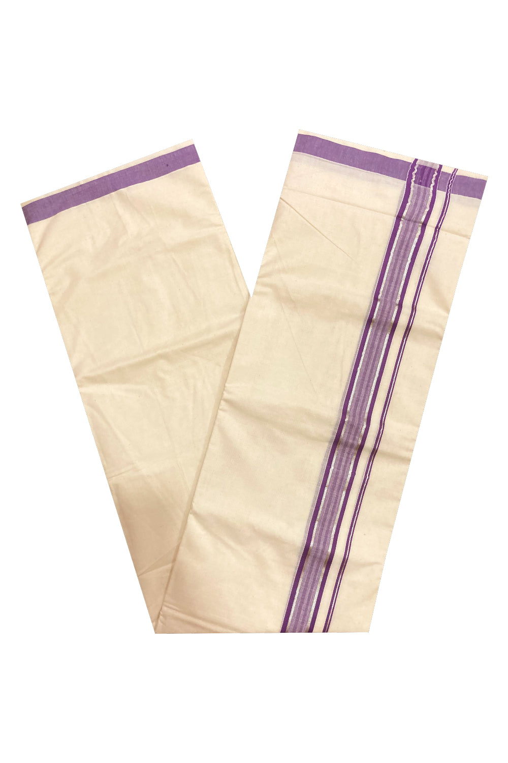 Pure Cotton Double Mundu with Violet and Silver Kasavu Border (South Indian Dhoti)