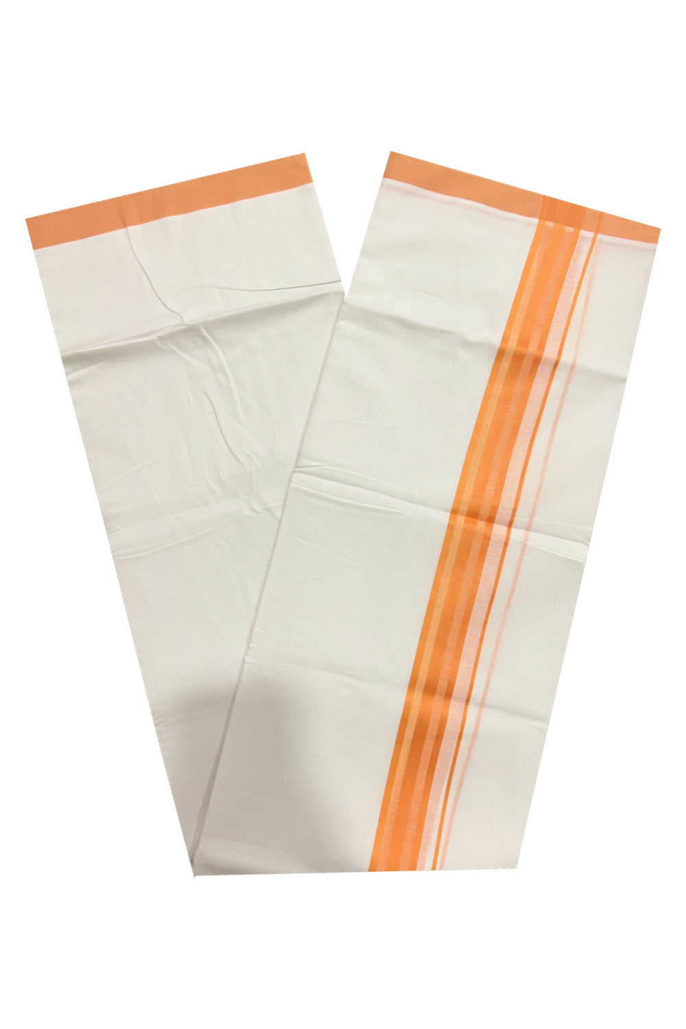 Pure White Cotton Double Mundu with Orange Line Border (South Indian Dhoti)