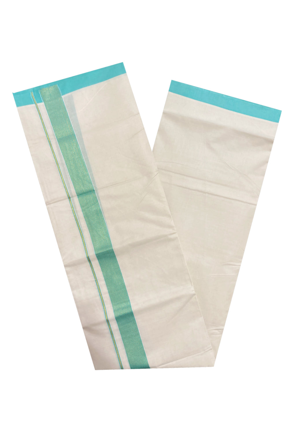 Off White Kerala Double Mundu with Kasavu and Turquoise Line Border (South Indian Dhoti)