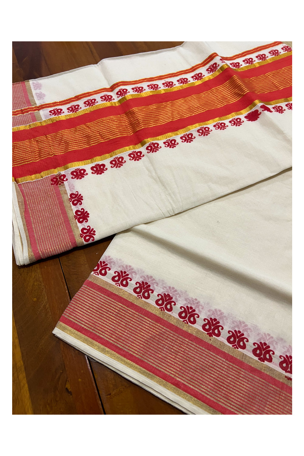 Pure Cotton Kerala Saree with Kasavu and Dark Orange Paisley Block Prints on Border