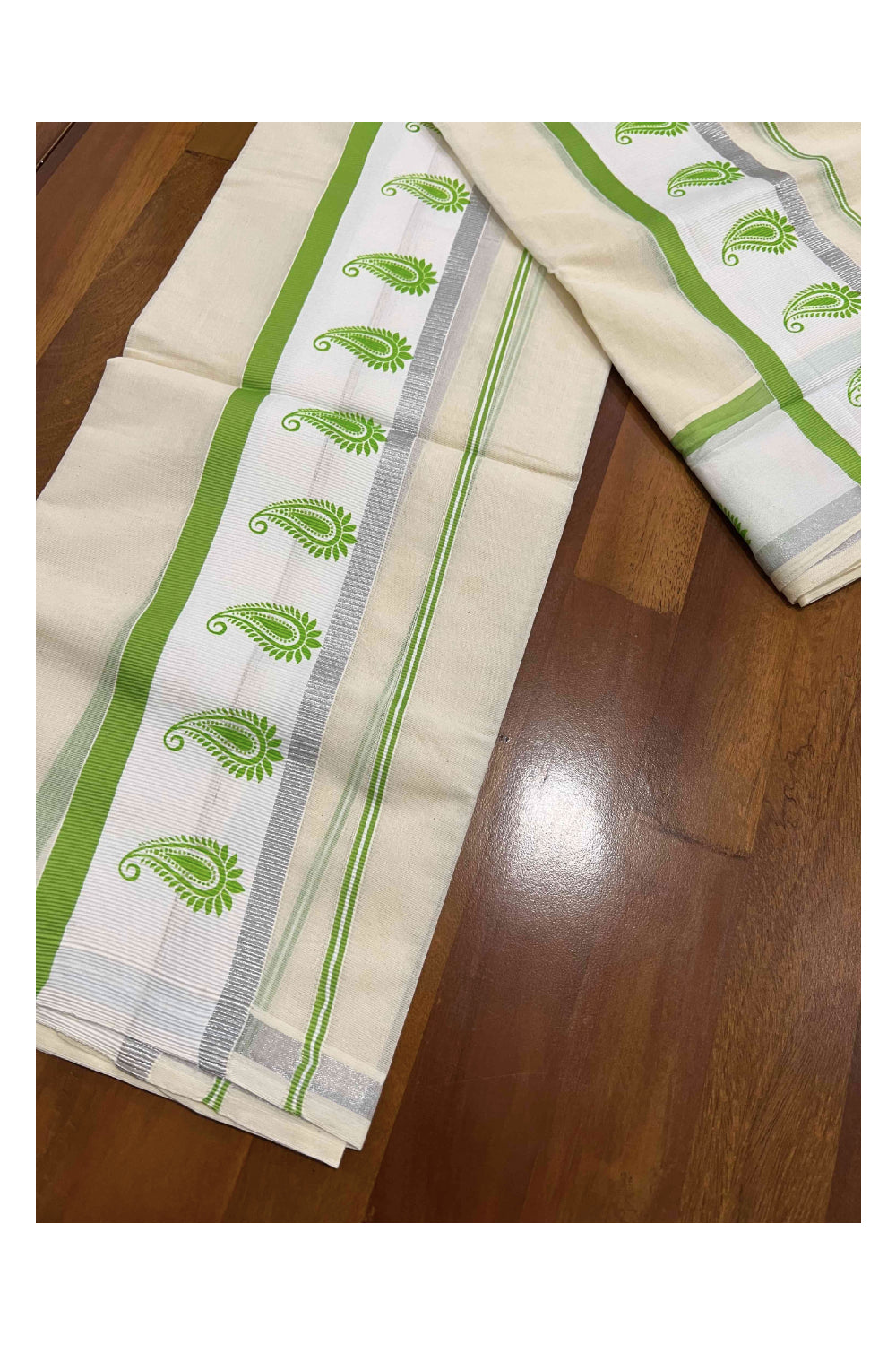 Kerala Cotton Set Mundu (Mundum Neriyathum) with Silver Kasavu and Light Green Block Printed Border