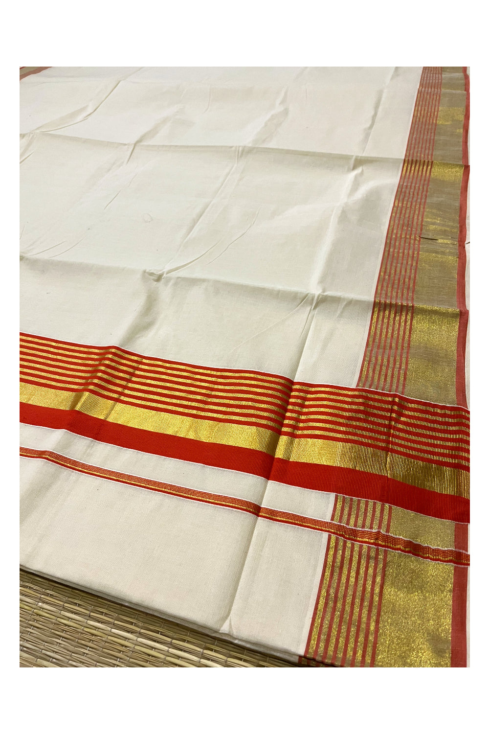 Pure Cotton Kerala Saree with Kasavu and Orange Border