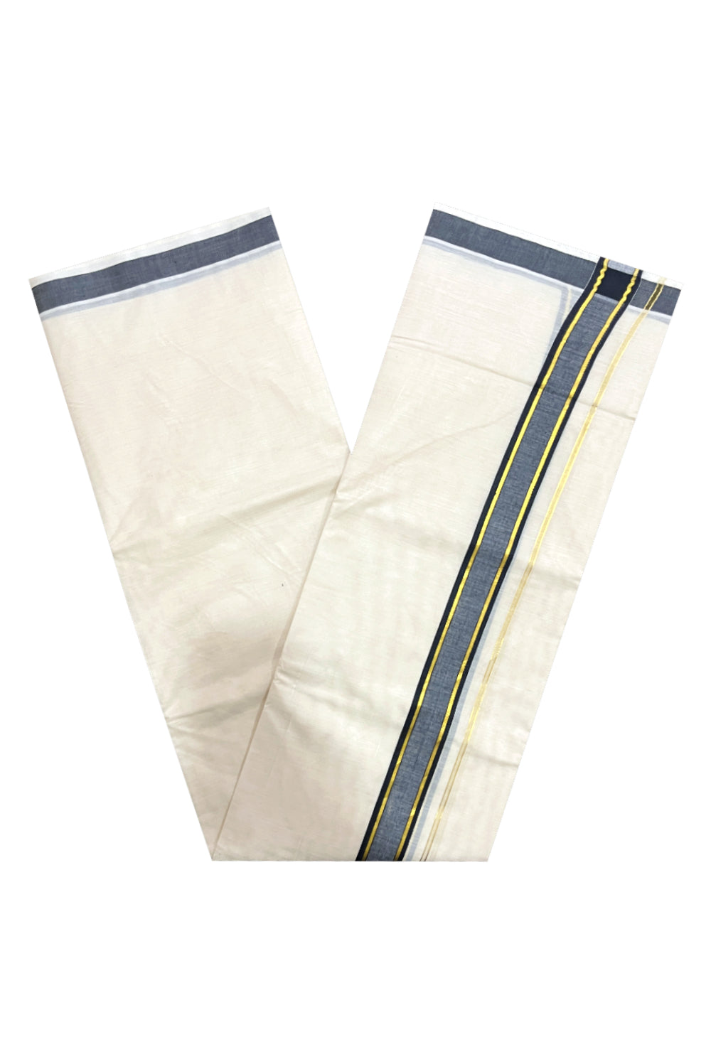 Pure Cotton Off White Double Mundu with Black and Kasavu Kara (South Indian Kerala Dhoti)