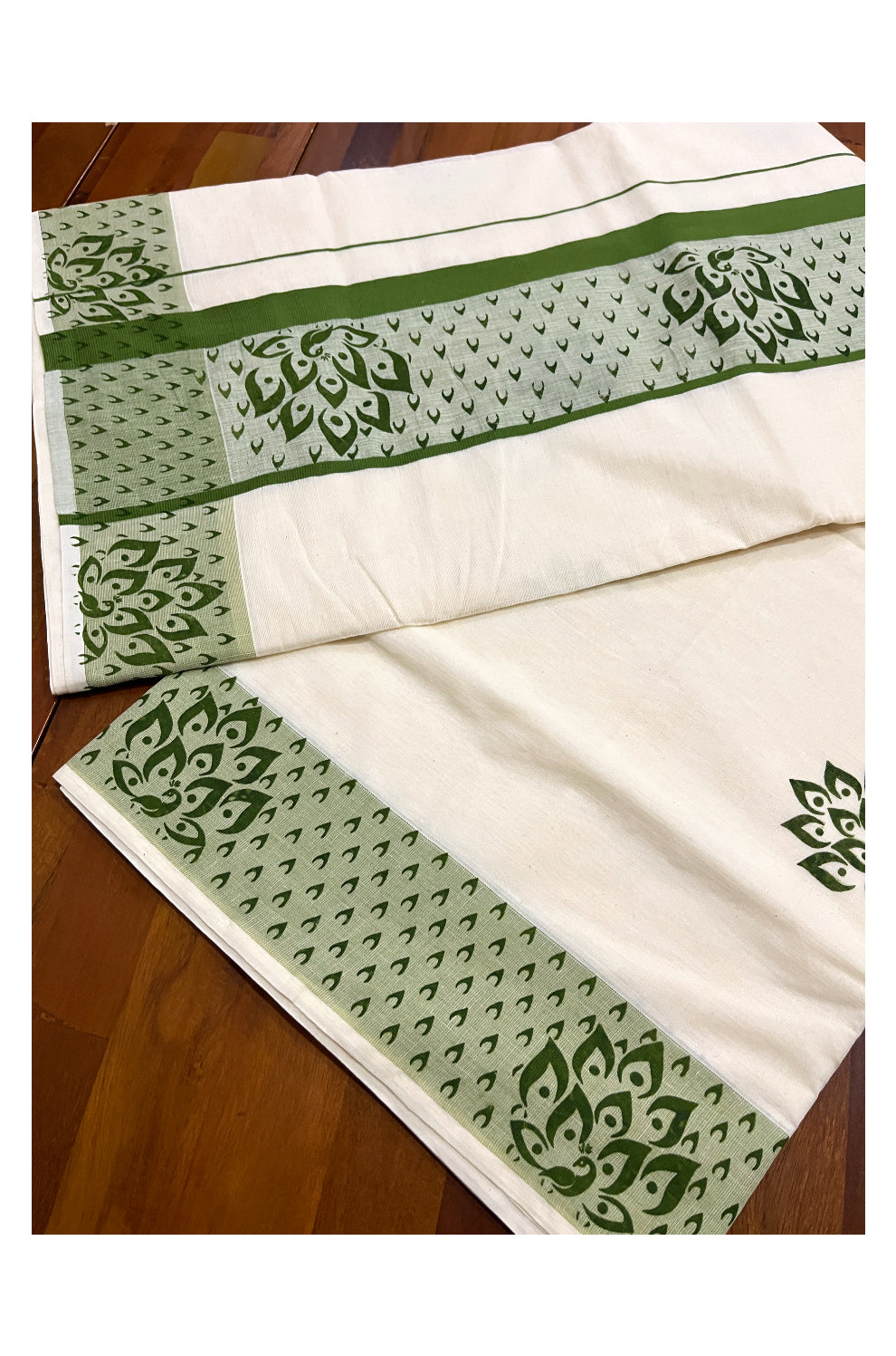 Pure Cotton Off White Kerala Saree with Green Block Prints on Border