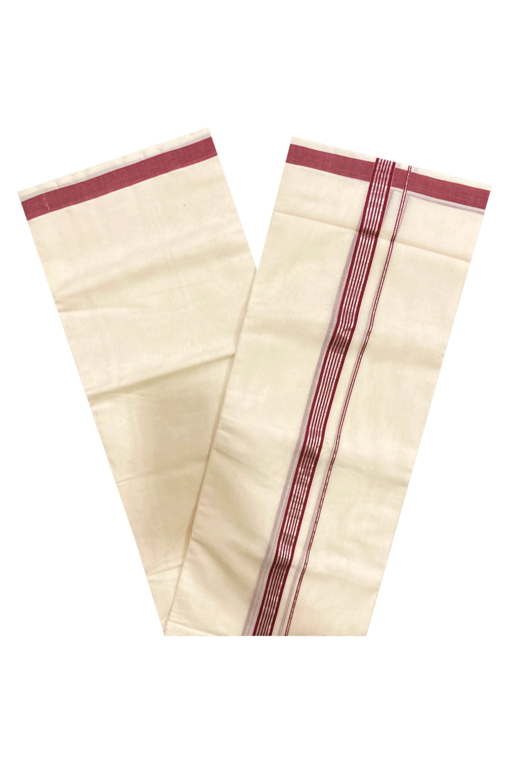 Southloom Premium Handloom Pure Cotton Mundu with Maroon and Silver Kasavu Border (South Indian Kerala Dhoti)