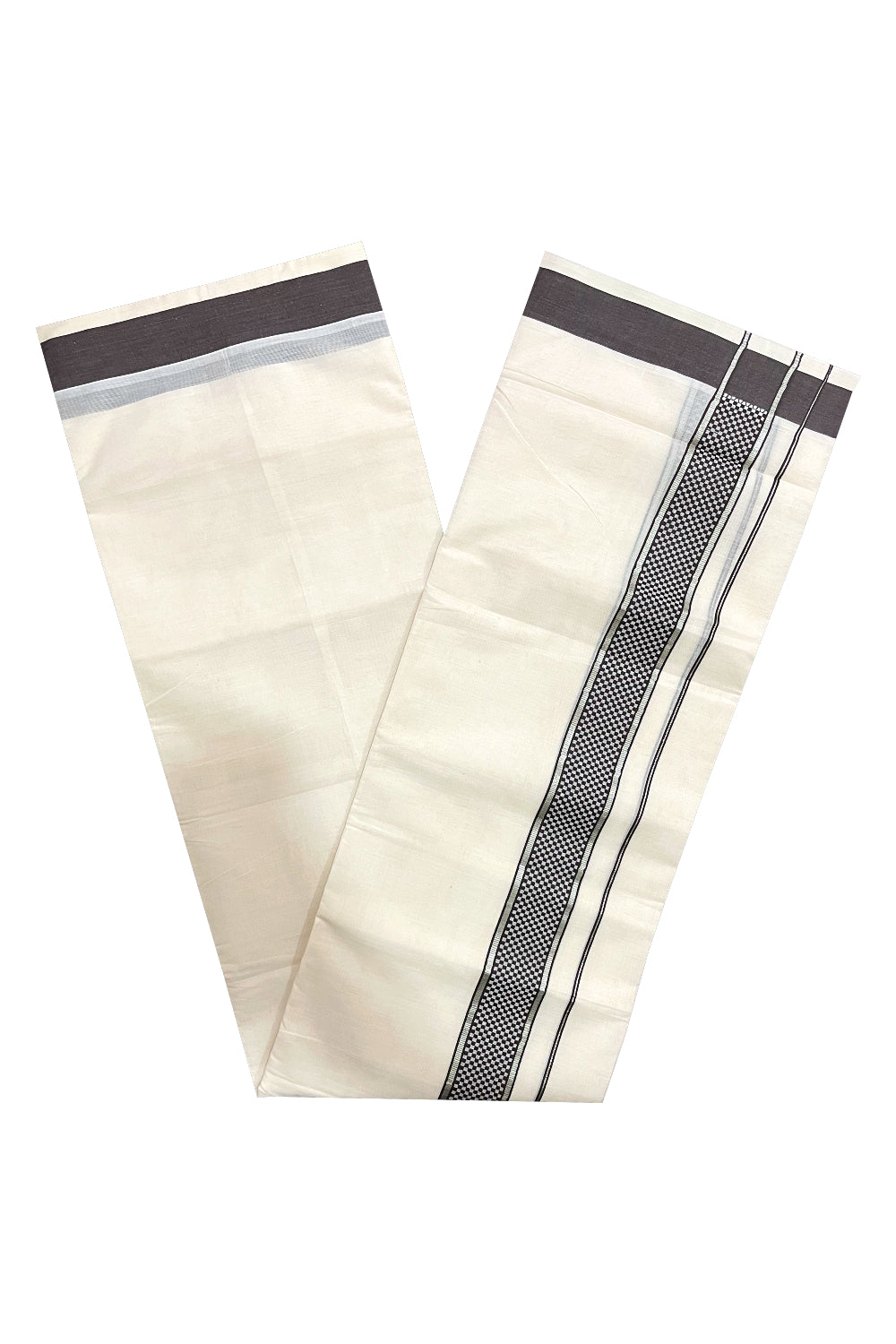 Pure Cotton Off White Double Mundu with Silver Kasavu and Dark Brown Woven Border (South Indian Dhoti)