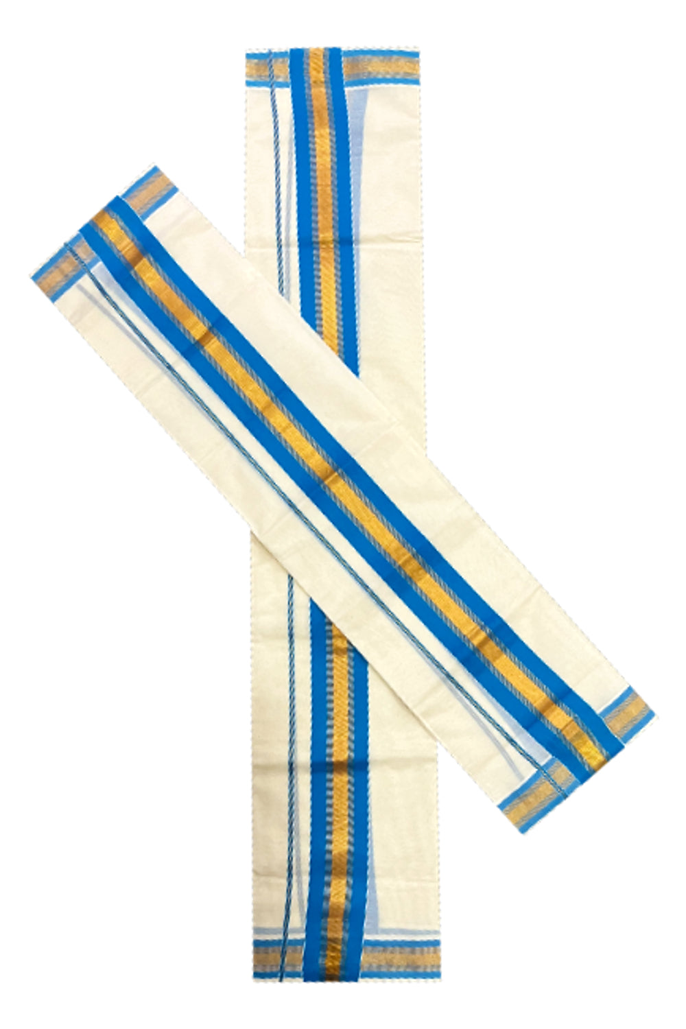 Pure Cotton Kerala Single Set Mundu (Mundum Neriyathum) with Blue and Kasavu Border