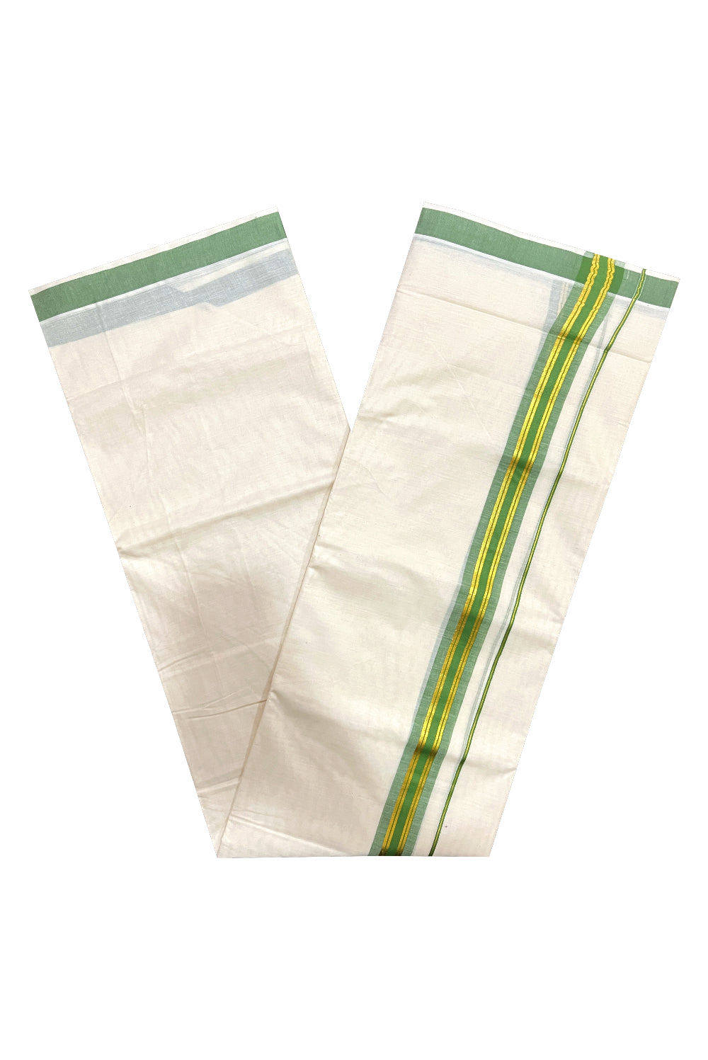 Pure Cotton Double Mundu with Kasavu Green Kara (South Indian Dhoti)