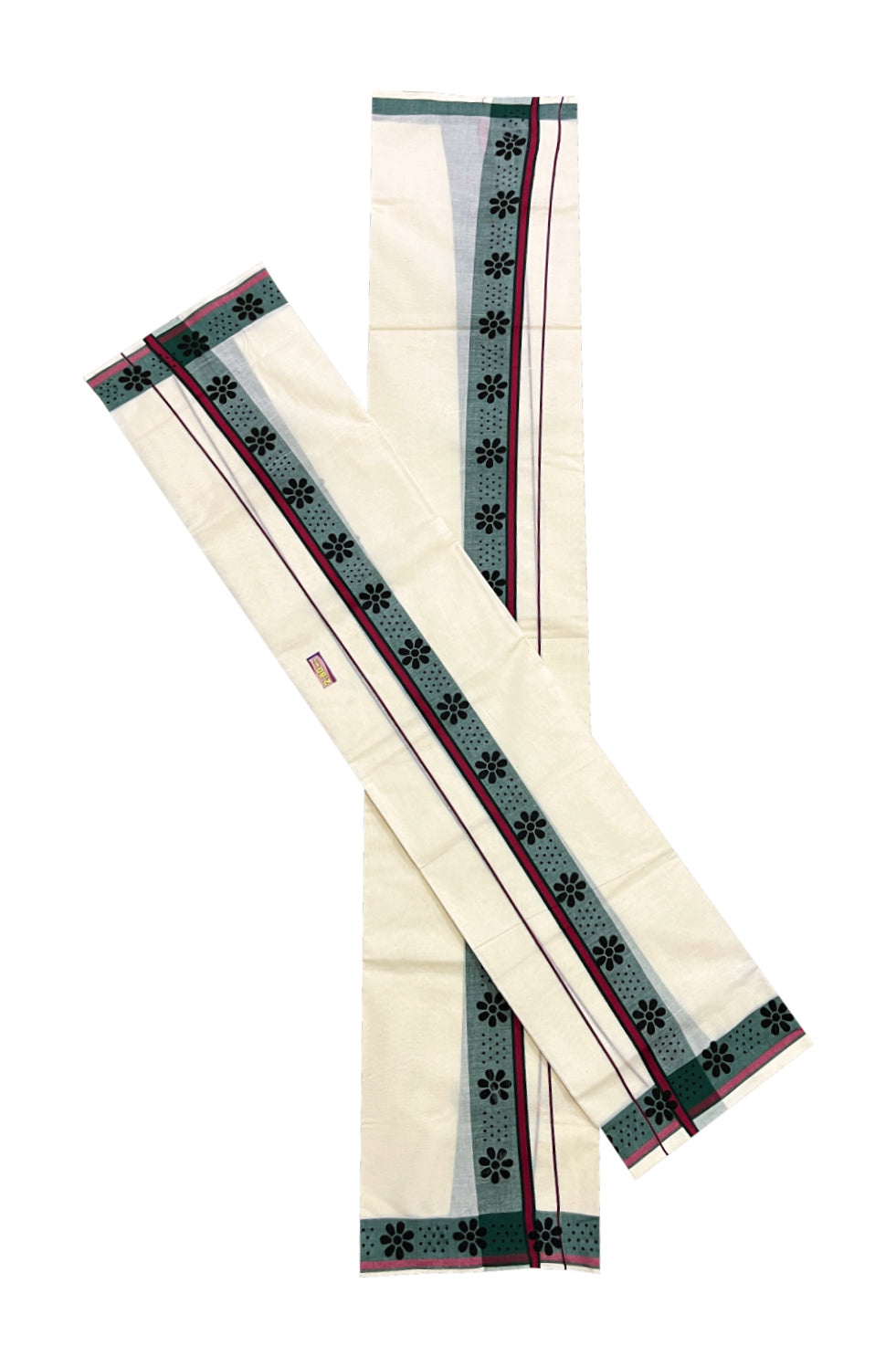 Kerala Cotton Set Mundu (Mundum Neriyathum) with Black Block Prints on Maroon Green Border 2.80 Mtrs