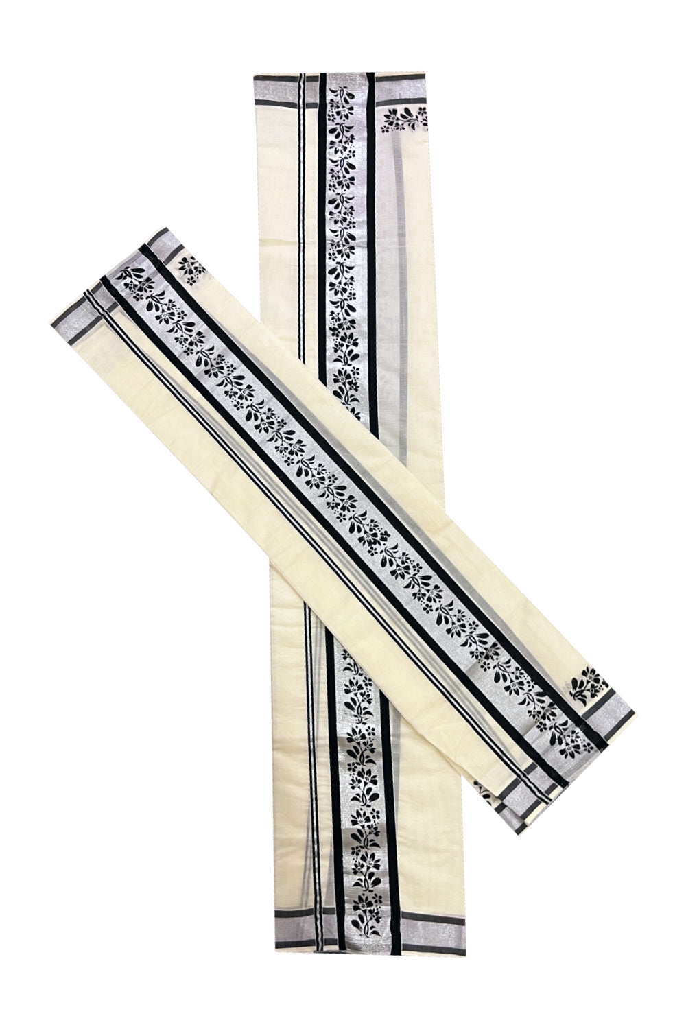 Kerala Cotton Mundum Neriyathum Single (Set Mundu) with Black Block Prints in Silver Border