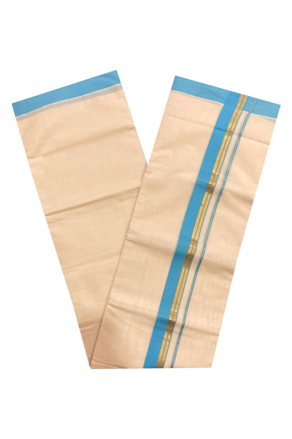 Off White Pure Cotton Double Mundu with Kasavu and Blue Border (South Indian Dhoti)