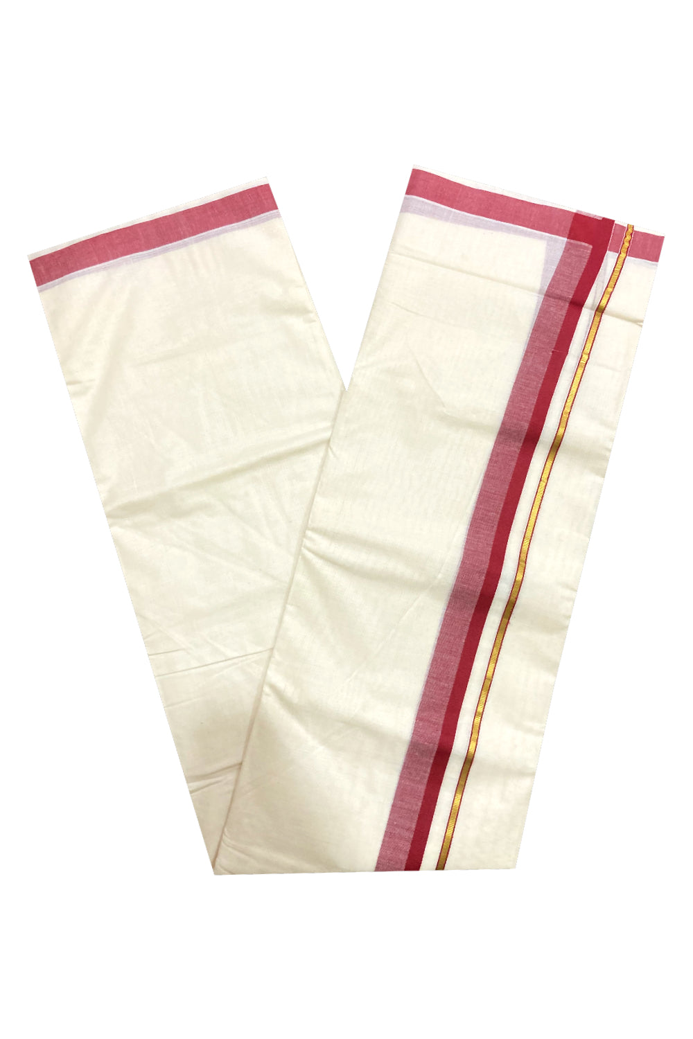 Pure Cotton Off White Double Mundu with Maroon and Kasavu Border (South Indian Dhoti)