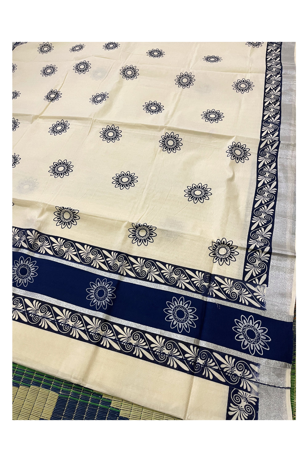 Pure Cotton Kerala Saree with Blue Block Prints and Silver Kasavu Border (Onam Saree 2023)