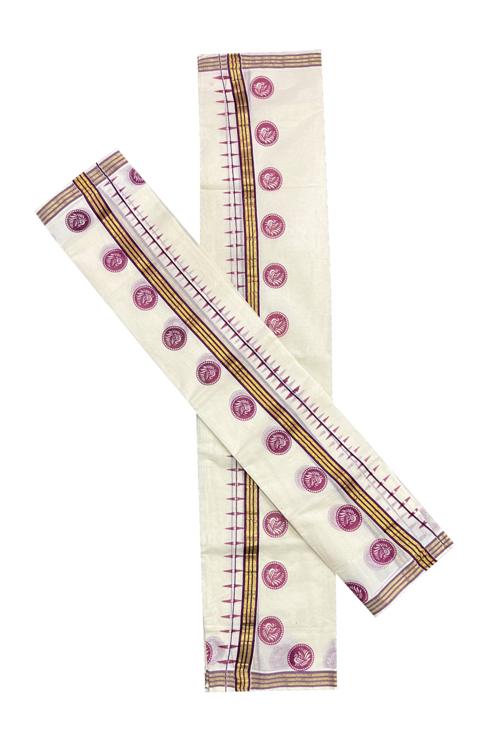 Kerala Cotton Kasavu Set Mundu (Mundum Neriyathum) with Magenta Block Prints on Border