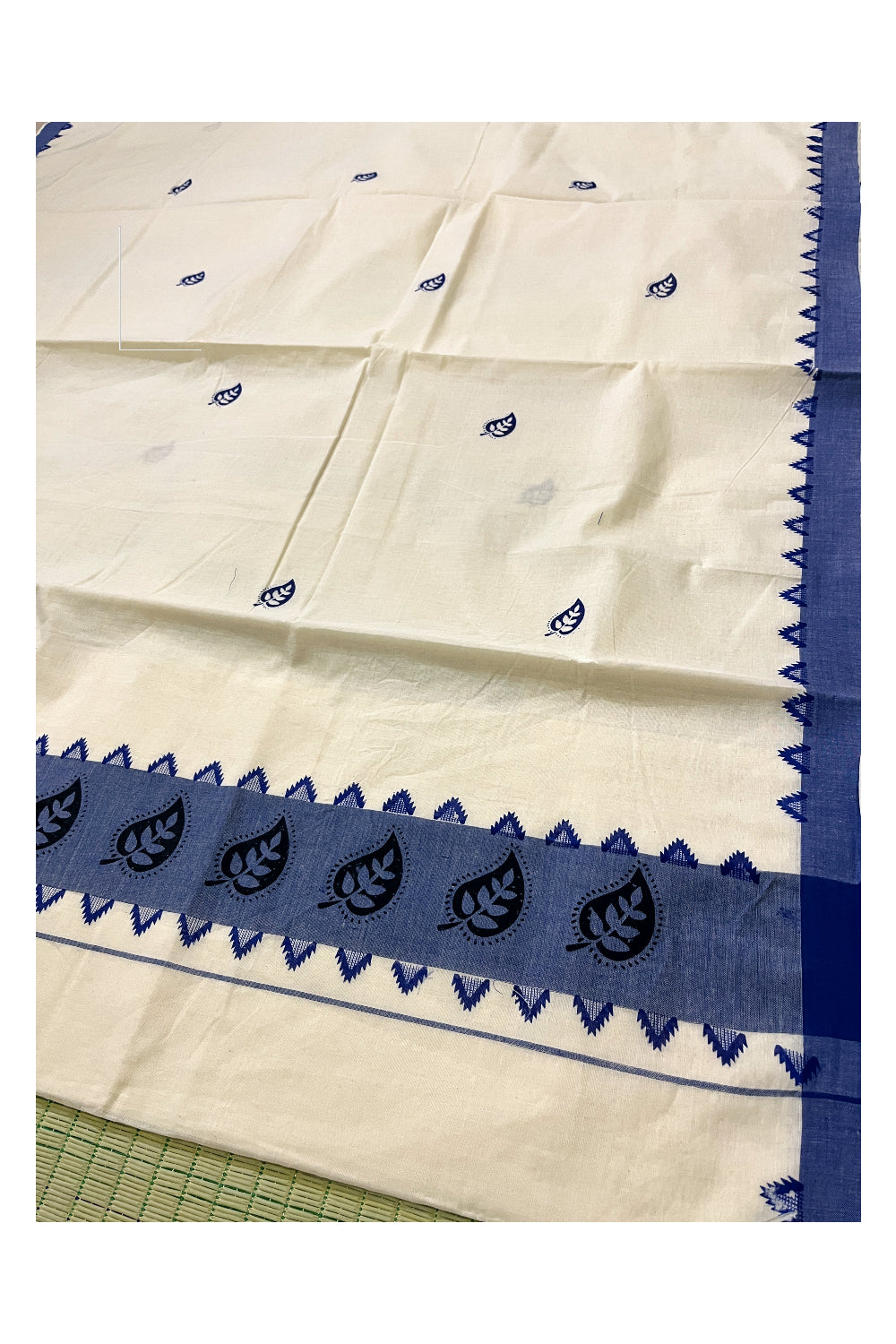 Pure Cotton Off White Kerala Saree with Blue Temple Block Prints on Border (Vishu Saree 2023)