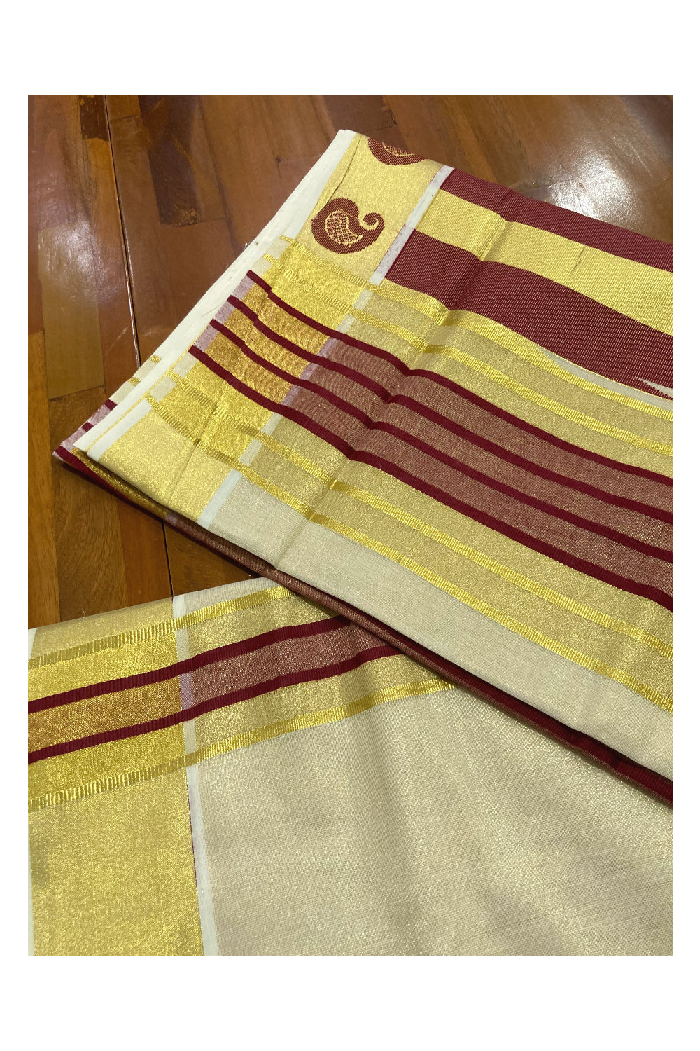 Kerala Tissue Kasavu Saree with Maroon Large Temples on Pallu and Bottom Border