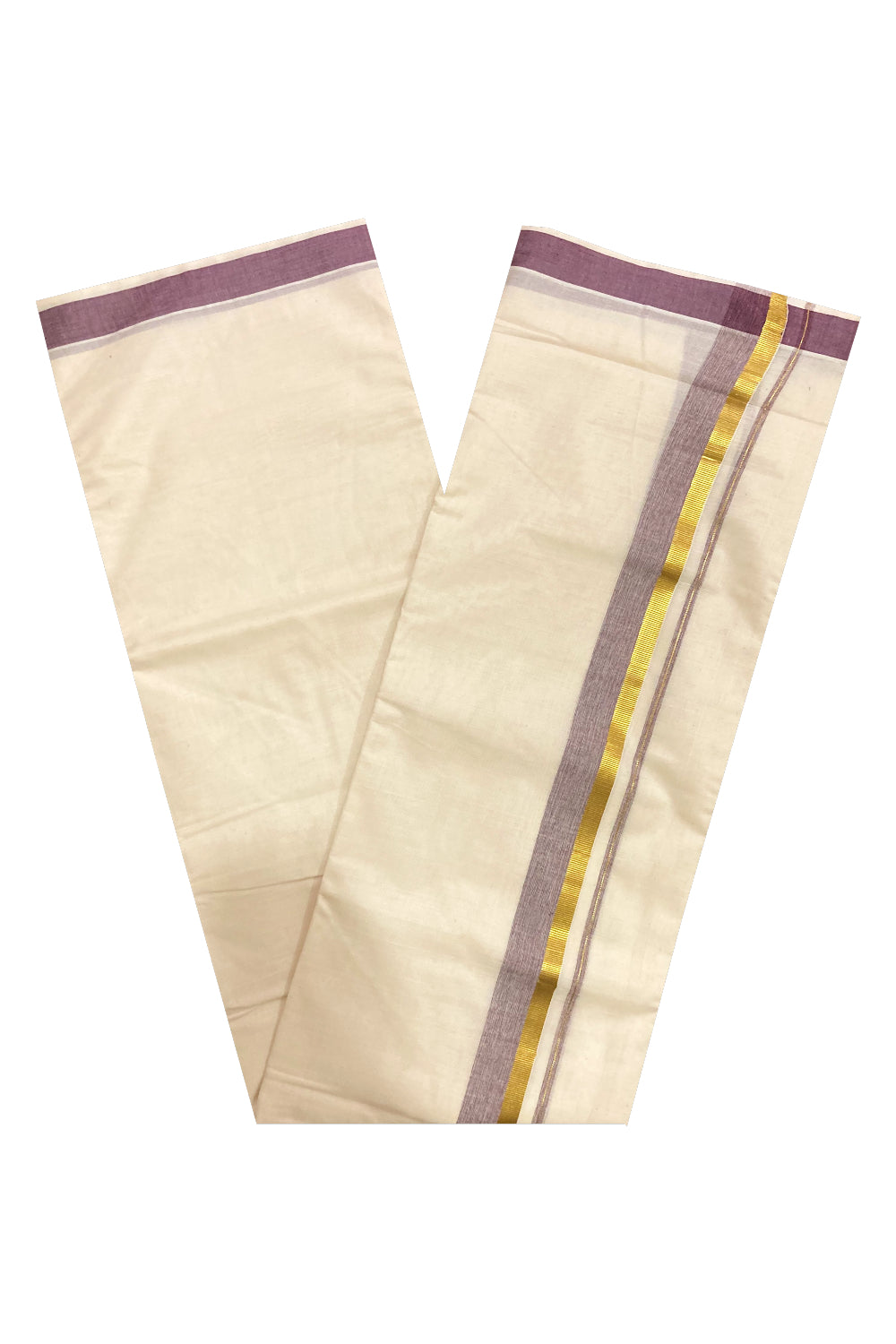 Pure Cotton Off White Double Mundu with Purple and Kasavu Border (South Indian Dhoti)