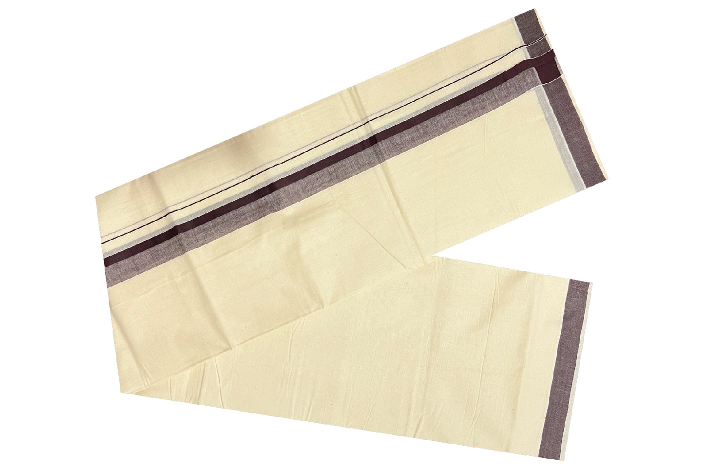 Off White Pure Cotton Double Mundu with Dark Brown Shaded Kara (South Indian Dhoti)