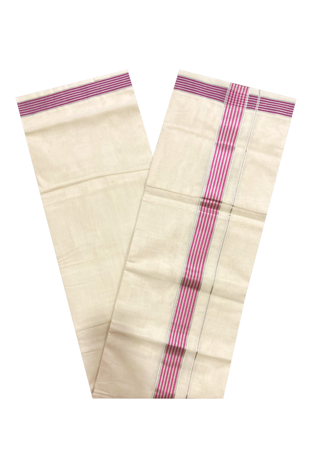 Southloom Premium Handloom Cotton Off White Mundu with Magenta and Silver Kasavu Border (South Indian Dhoti)