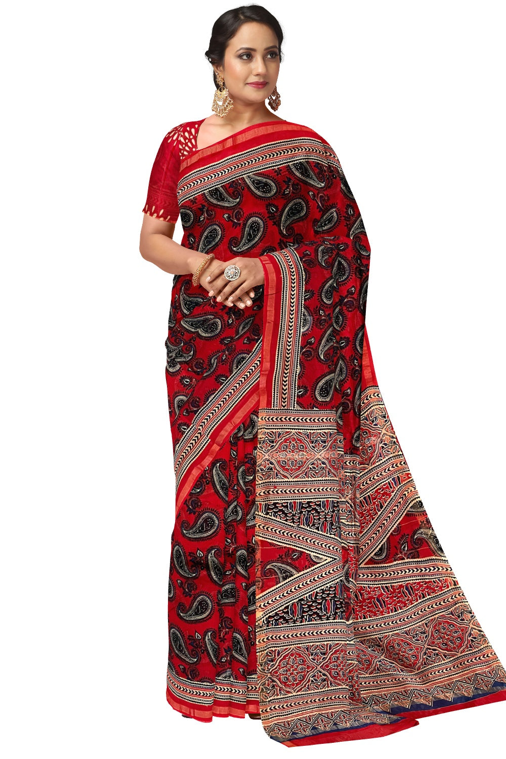 Southloom Cotton Red Paisley Design Saree with Ajrakh Printed Pallu