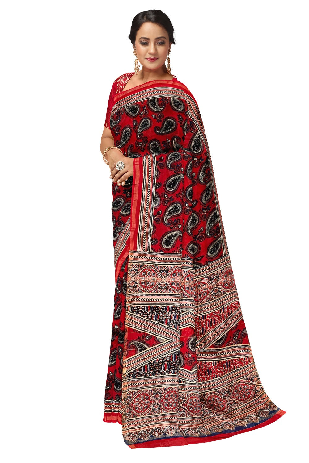 Southloom Cotton Red Paisley Design Saree with Ajrakh Printed Pallu