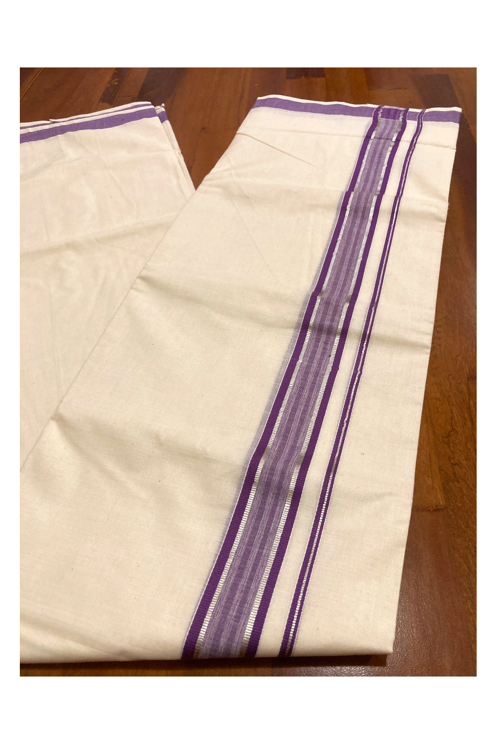 Pure Cotton Double Mundu with Violet and Silver Kasavu Border (South Indian Dhoti)