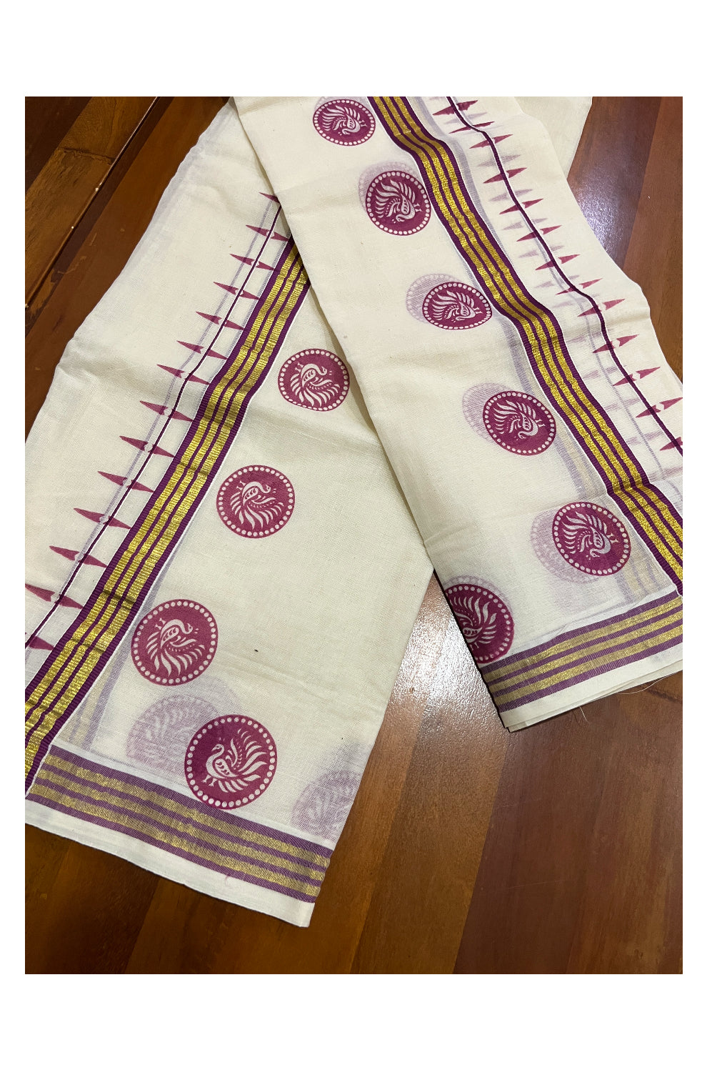 Kerala Cotton Kasavu Set Mundu (Mundum Neriyathum) with Magenta Block Prints on Border