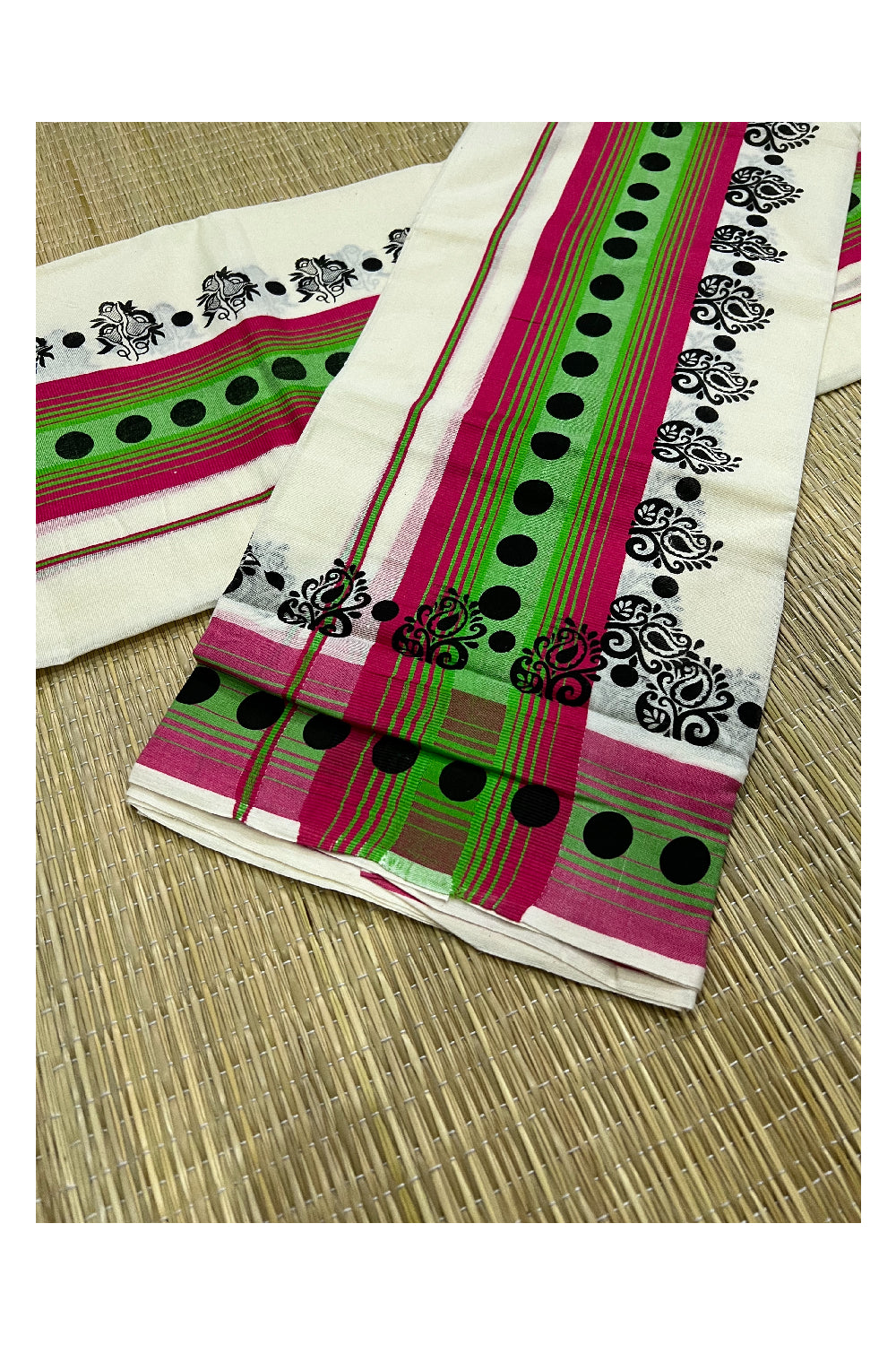 Kerala Cotton Set Mundu (Mundum Neriyathum) with Black Floral Block Prints on Dark Pink Green Border