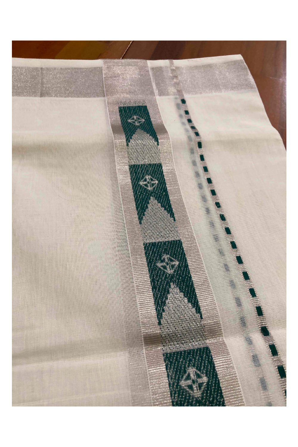 Southloom Handloom Premium Silver Kasavu Dhoti with Dark Green Woven Design Border