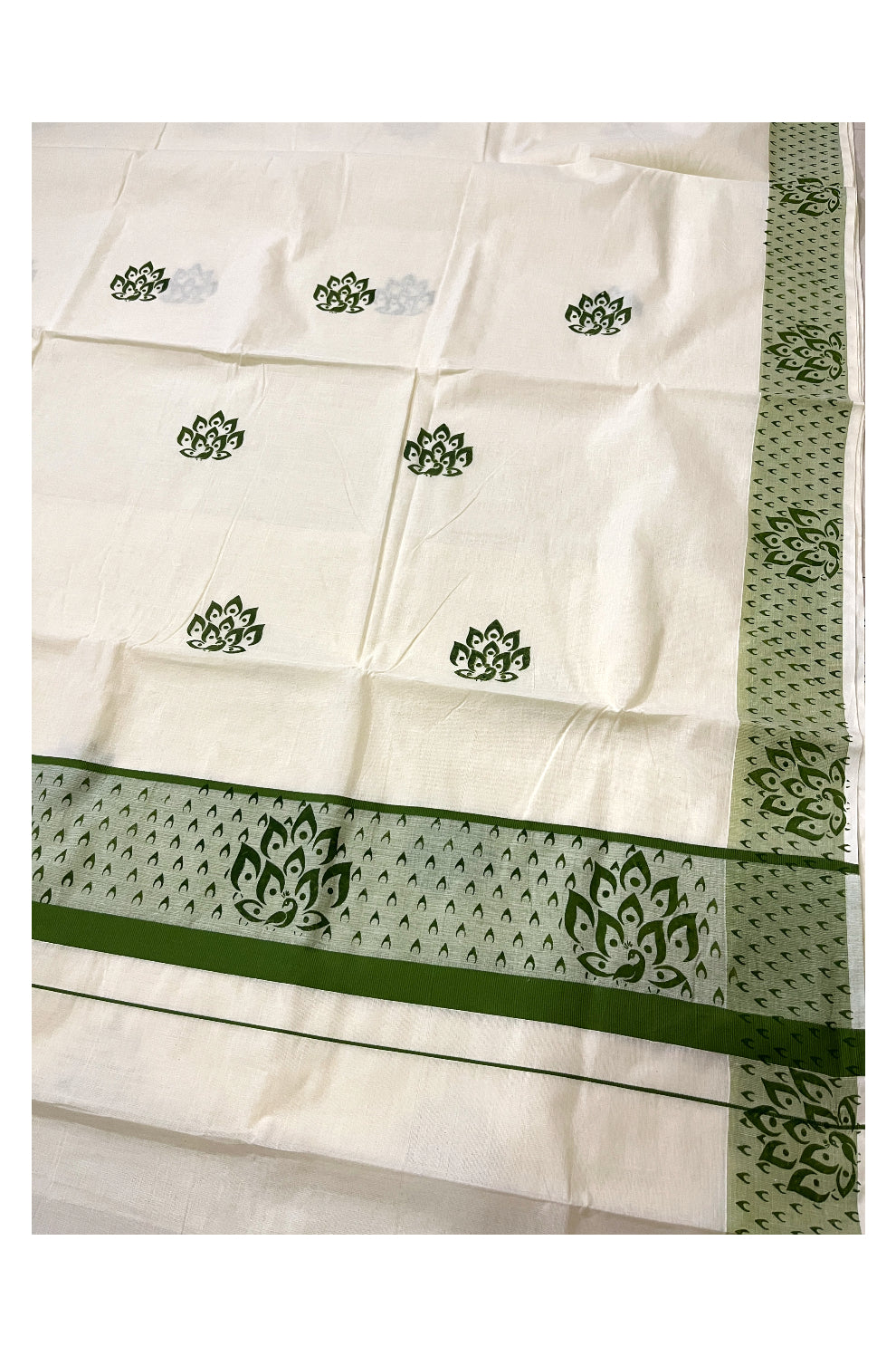 Pure Cotton Off White Kerala Saree with Green Block Prints on Border