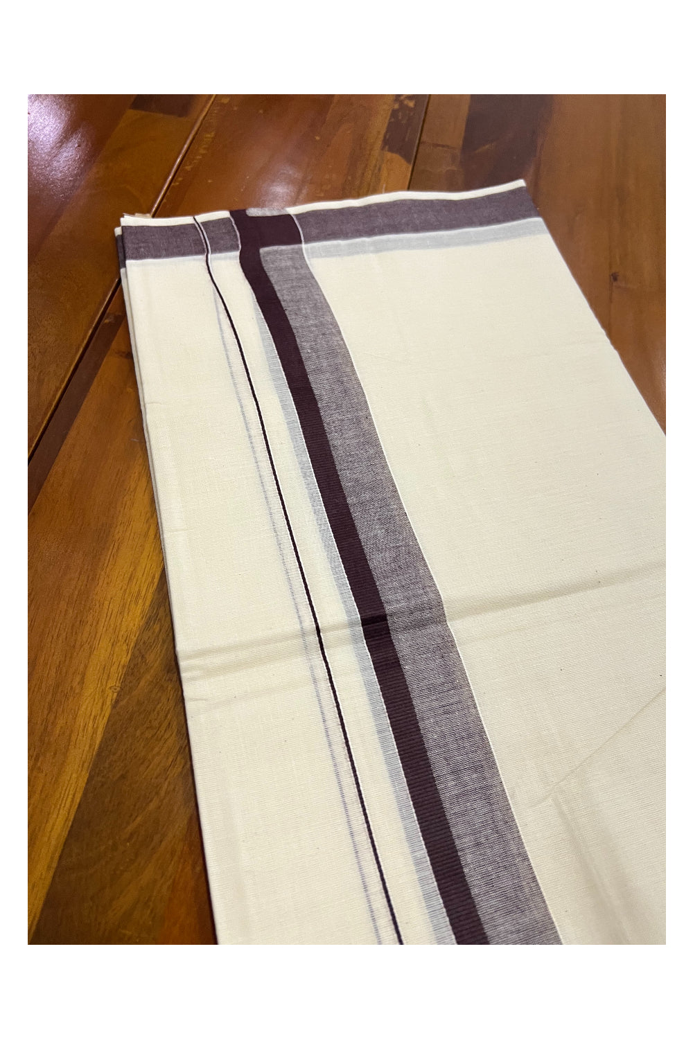 Off White Pure Cotton Double Mundu with Dark Brown Shaded Kara (South Indian Dhoti)