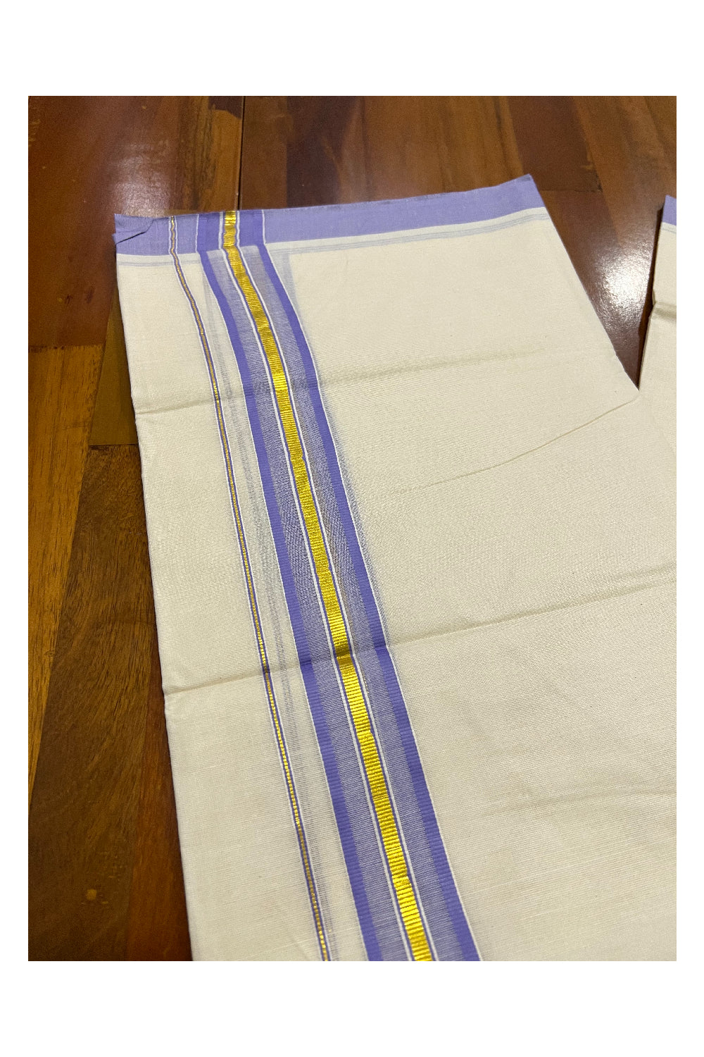 Cotton Off White Double Mundu with Violet and Kasavu Border (South Indian Dhoti)