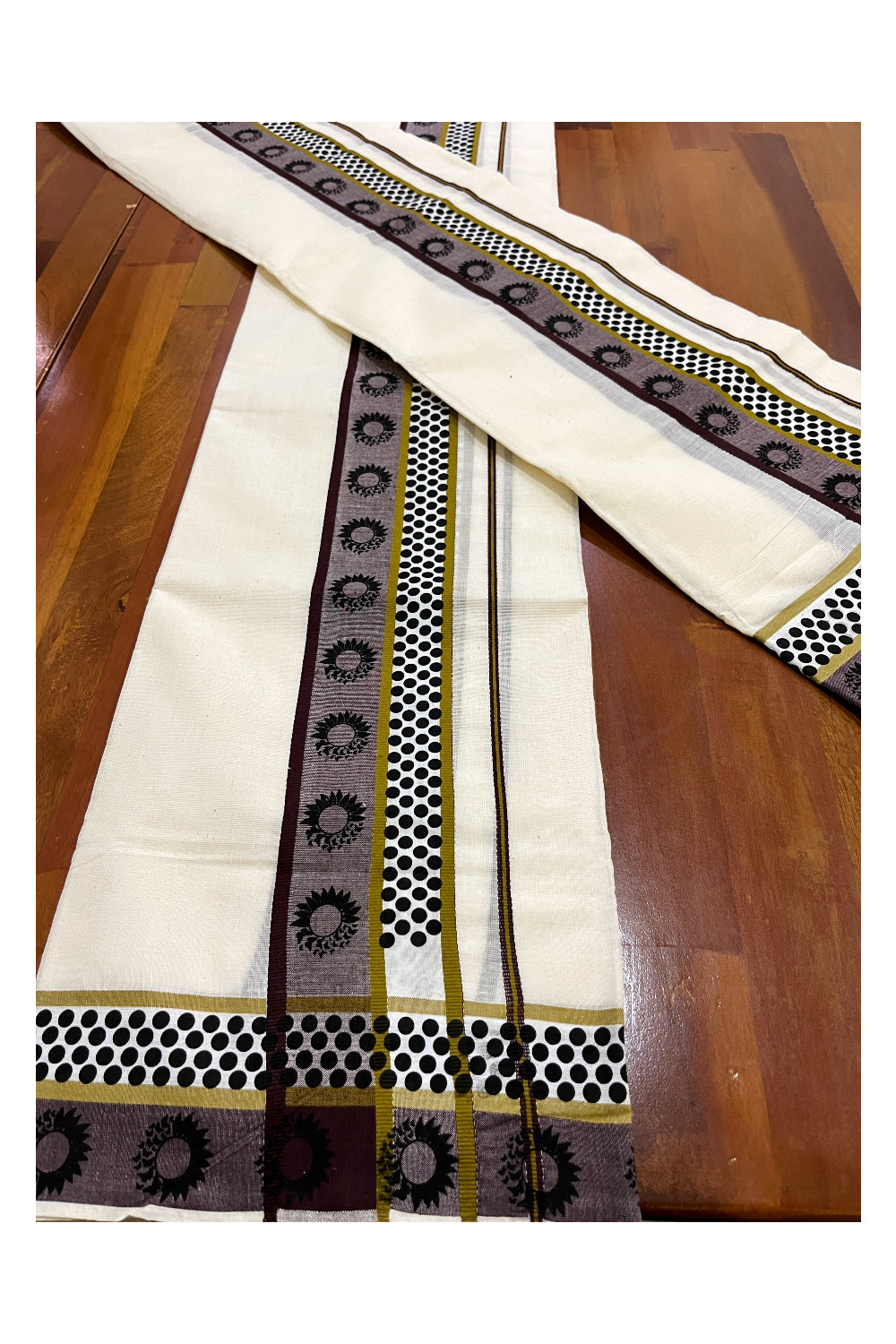 Kerala Cotton Single Set Mundu (Mundum Neriyathum) with Brown Black Block Prints on Border