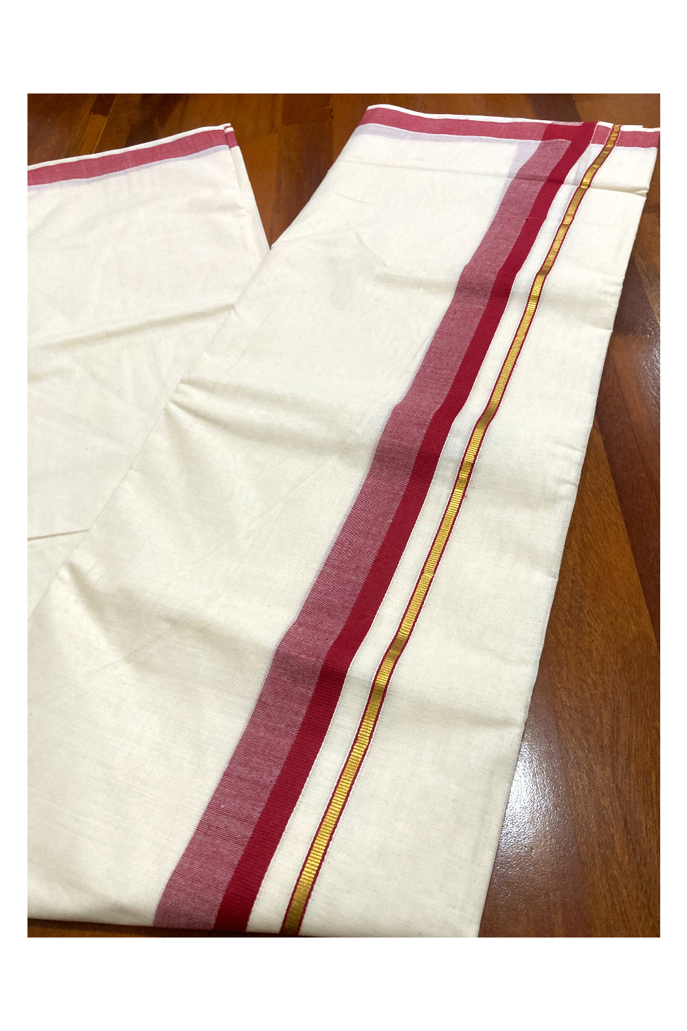 Pure Cotton Off White Double Mundu with Maroon and Kasavu Border (South Indian Dhoti)