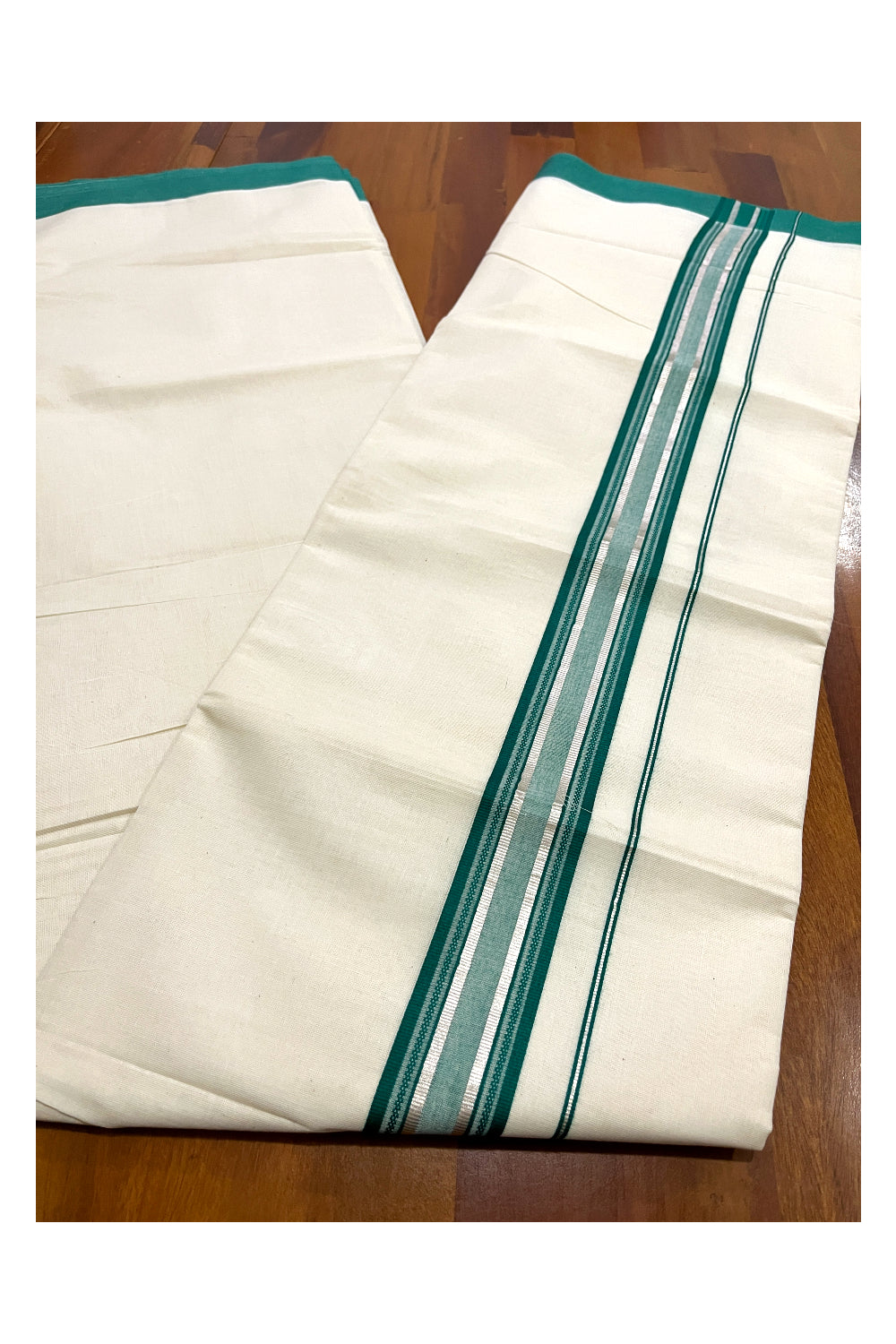 Pure Cotton Off White Double Mundu with Green and Silver Kara (South Indian Dhoti)