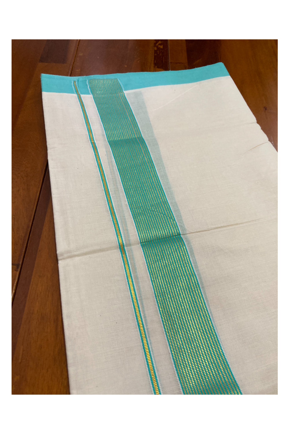 Off White Kerala Double Mundu with Kasavu and Turquoise Line Border (South Indian Dhoti)