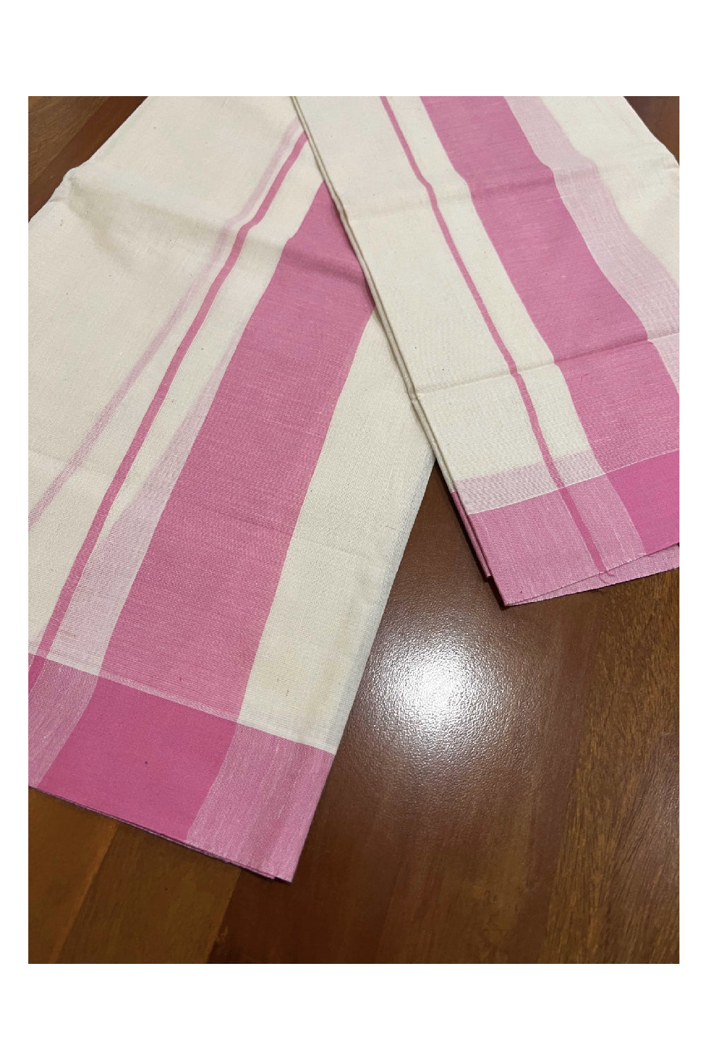 Kerala Cotton Mundum Neriyathum Single (Set Mundu) with Pink Mulloth Border (Extra Soft Cotton)